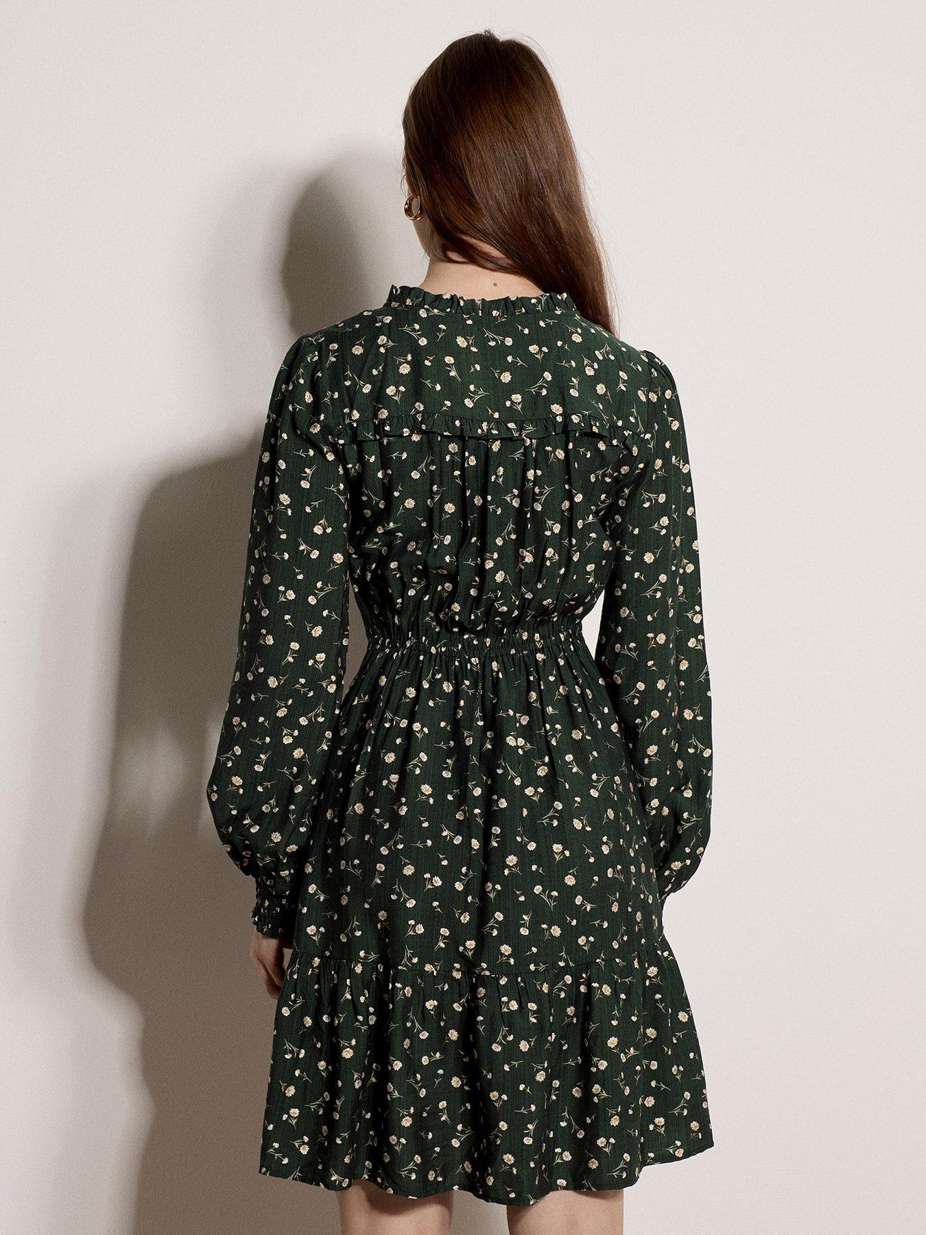 Image 2 of 4 of Apricot Daisy Floral Tie-Neck Long Sleeve Mini Dress - Green
