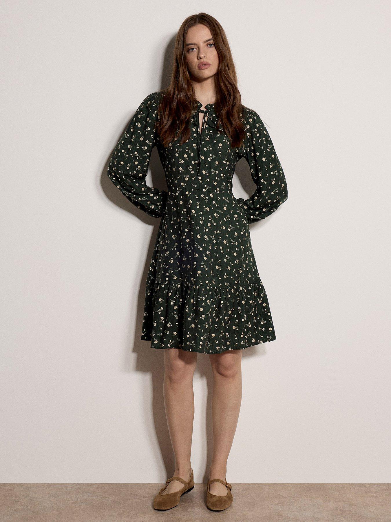 Image 3 of 4 of Apricot Daisy Floral Tie-Neck Long Sleeve Mini Dress - Green