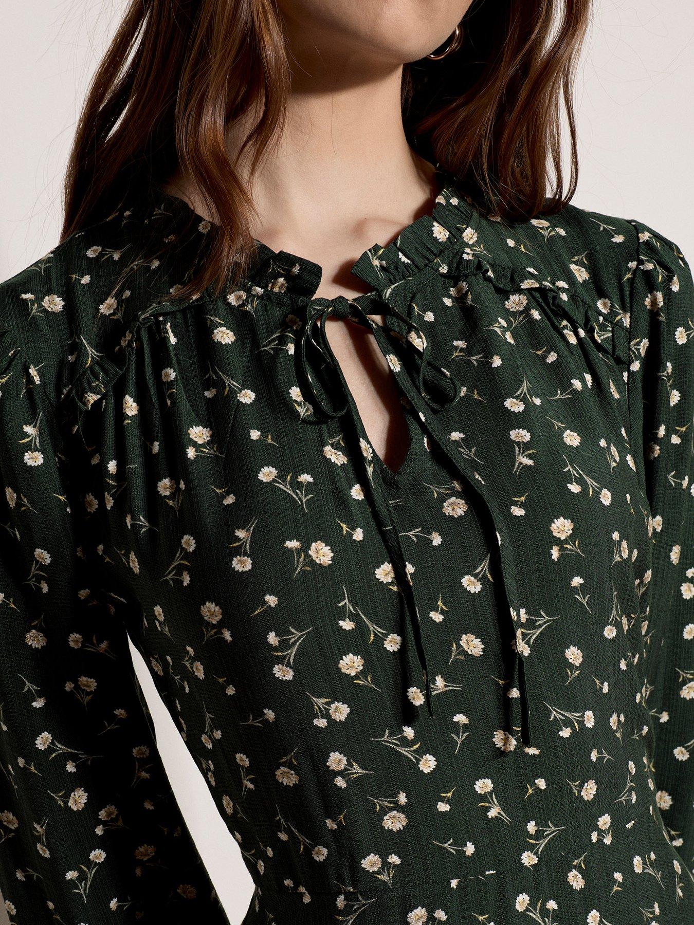 Image 4 of 4 of Apricot Daisy Floral Tie-Neck Long Sleeve Mini Dress - Green