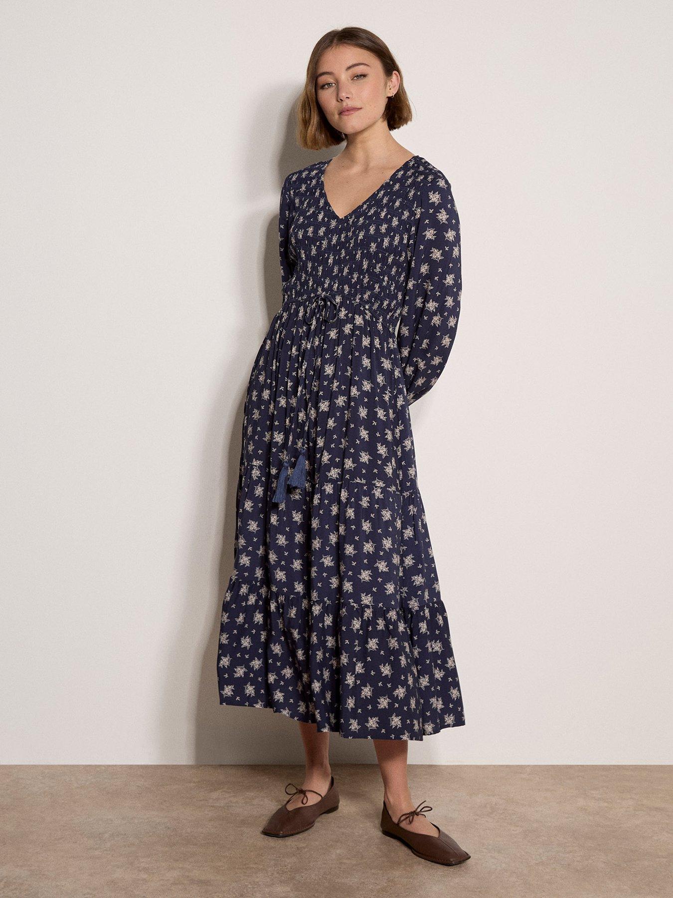 Apricot Mono Floral Bouquet Midaxi Dress - Navy