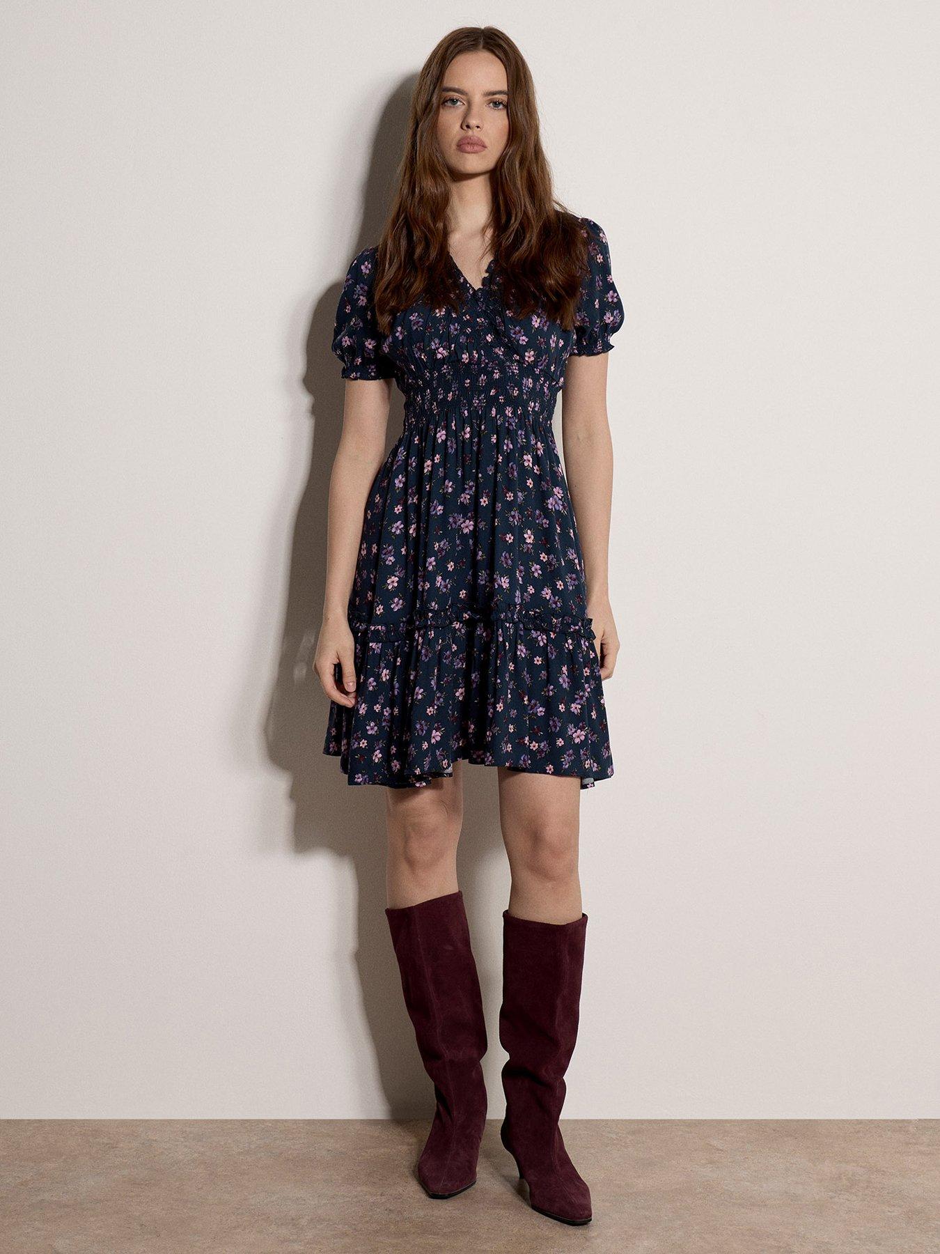 Apricot Riverside Tiny Flower Smock Dress - Navy