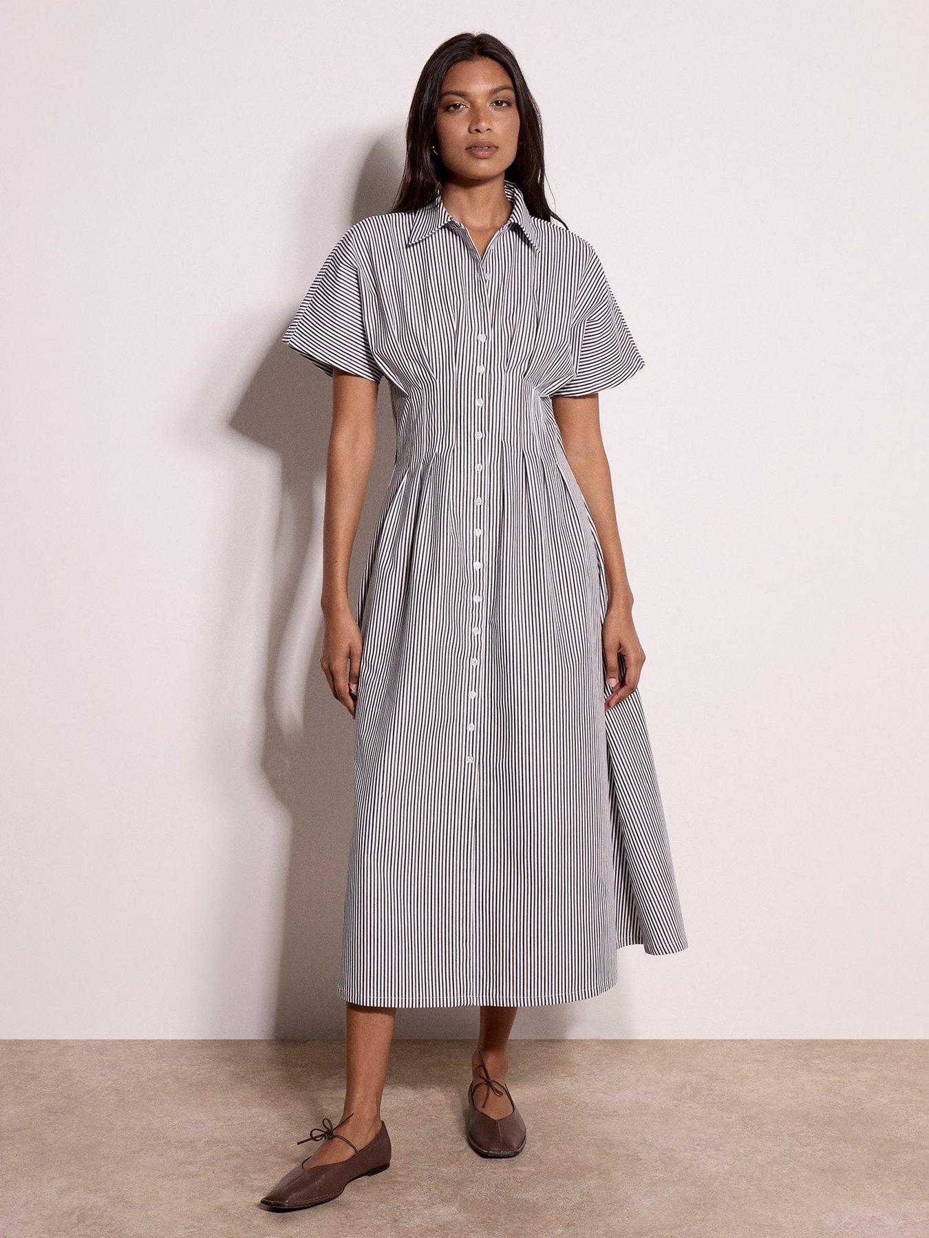 Image 1 of 5 of Apricot Thin Stripe Collared Shirt Midaxi Dress - White