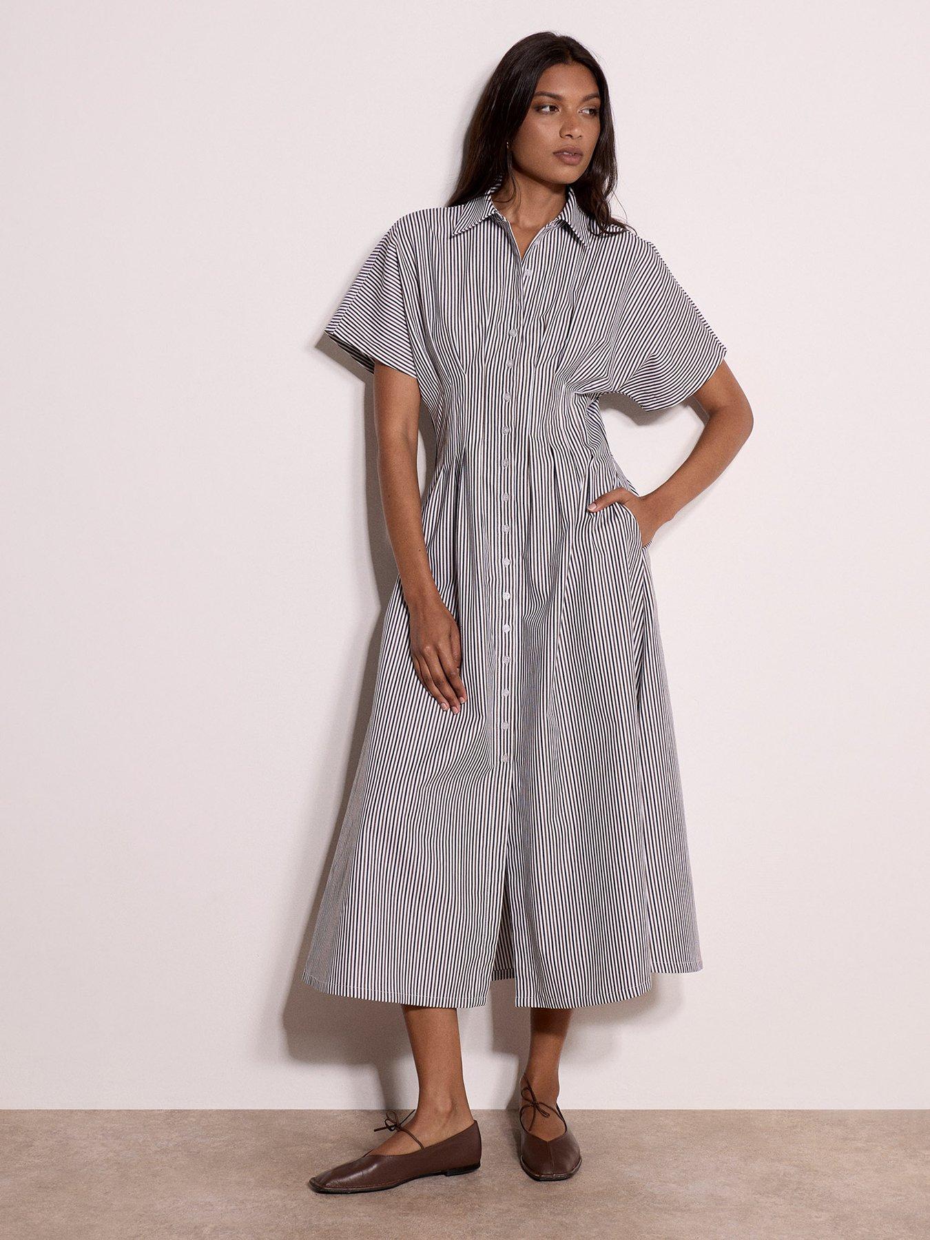 Image 3 of 5 of Apricot Thin Stripe Collared Shirt Midaxi Dress - White