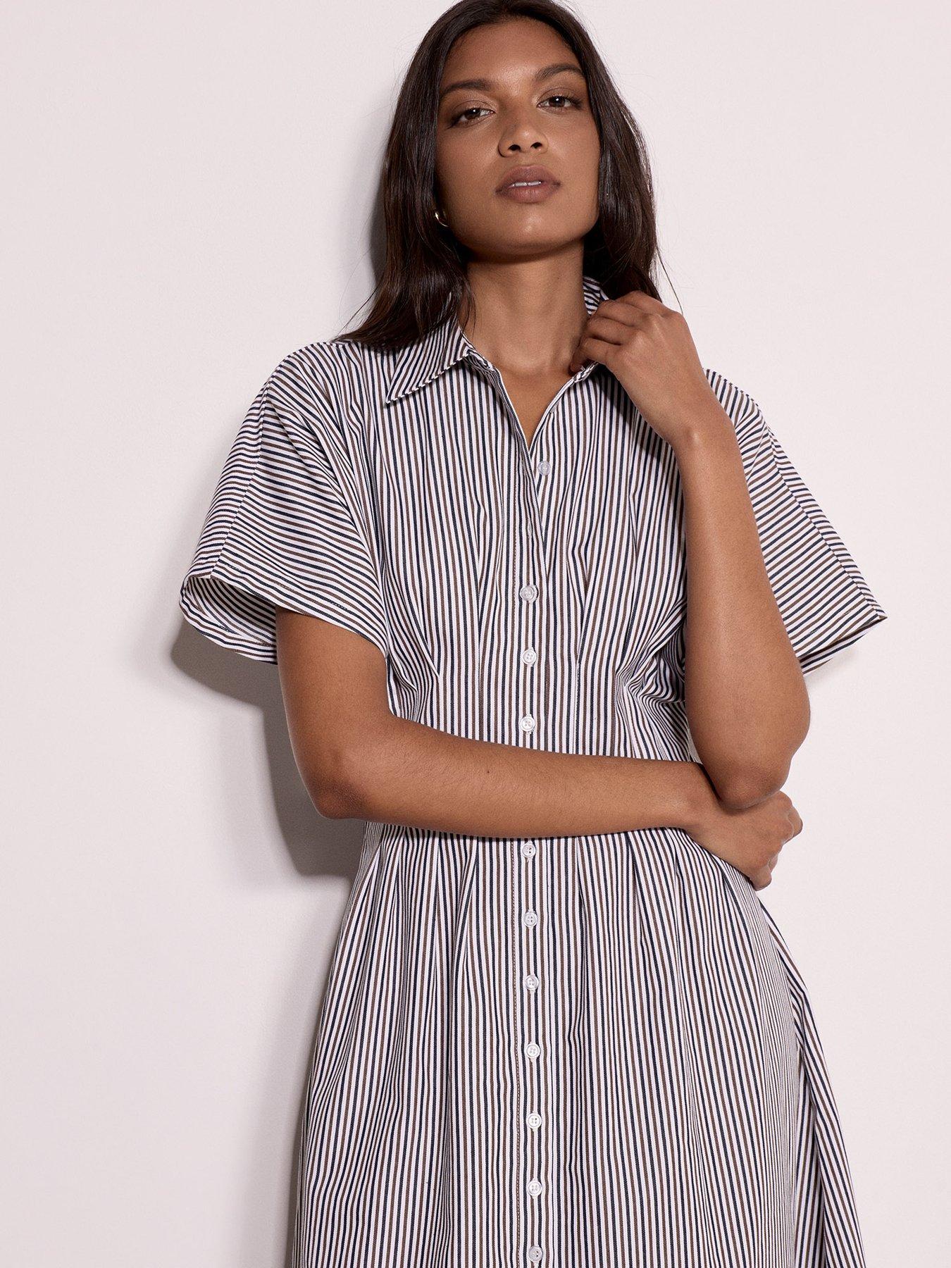 Image 4 of 5 of Apricot Thin Stripe Collared Shirt Midaxi Dress - White