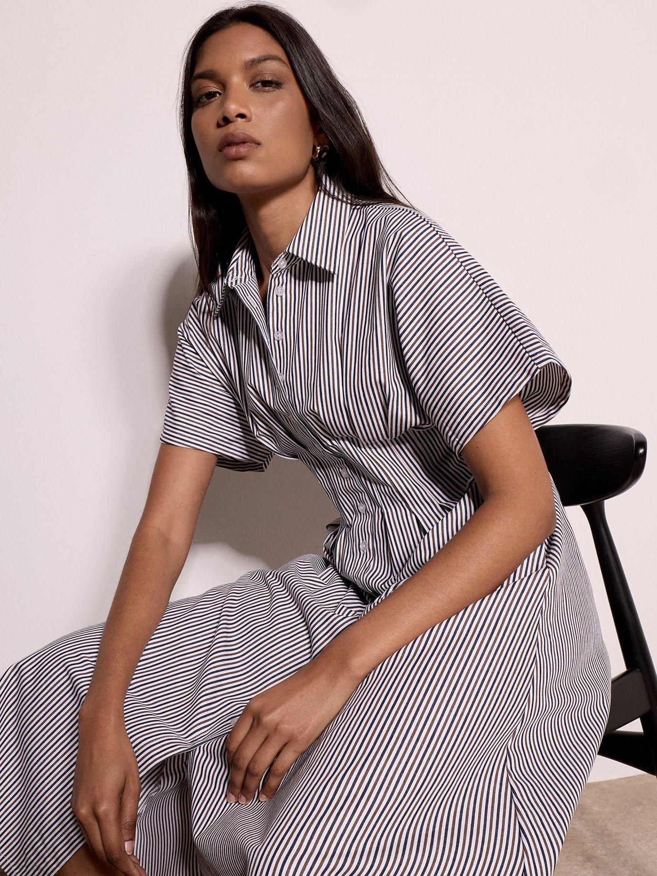 Image 5 of 5 of Apricot Thin Stripe Collared Shirt Midaxi Dress - White