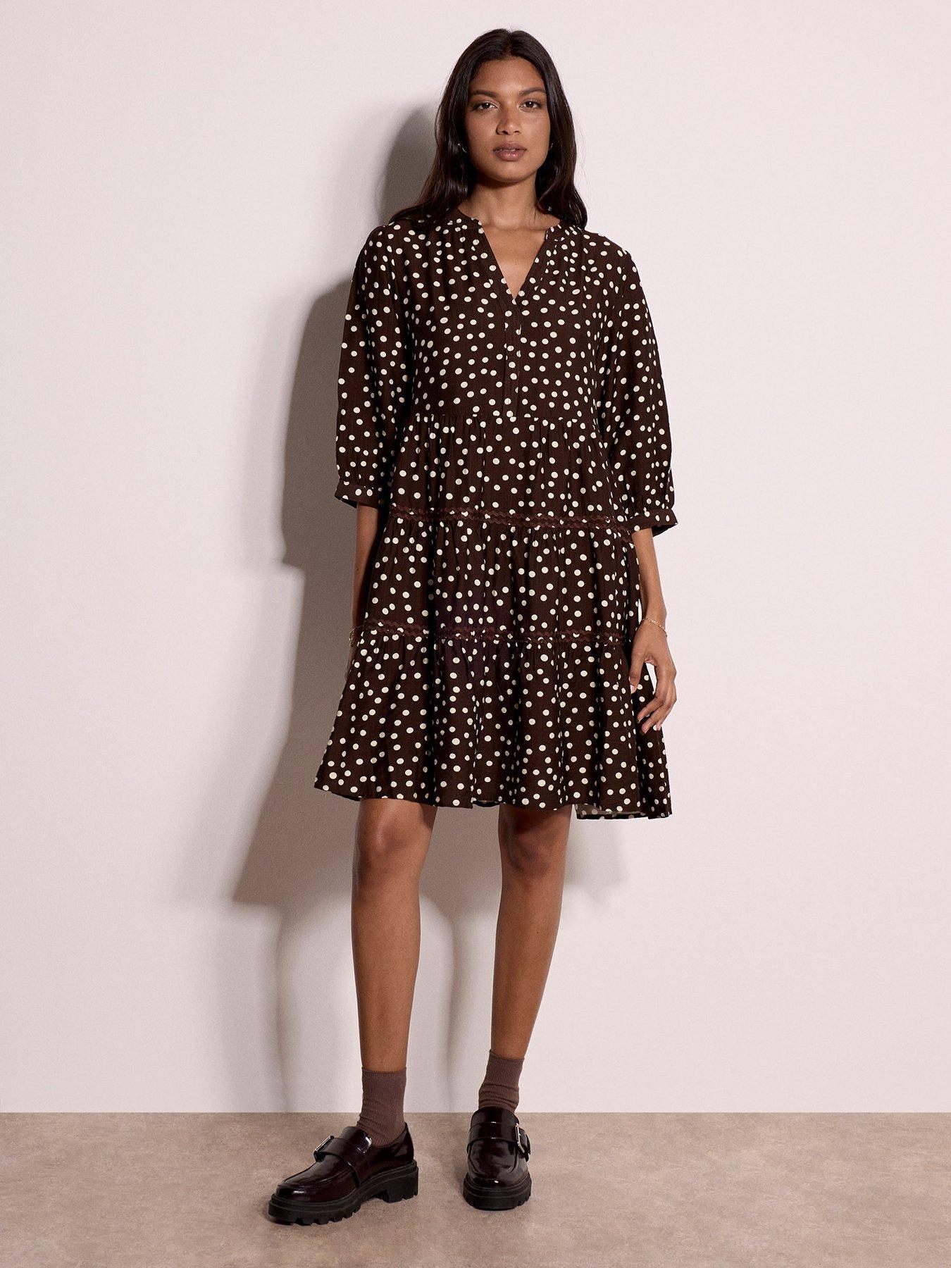Apricot Polka Dot Tiered Rick Rack Mini Dress - Brown