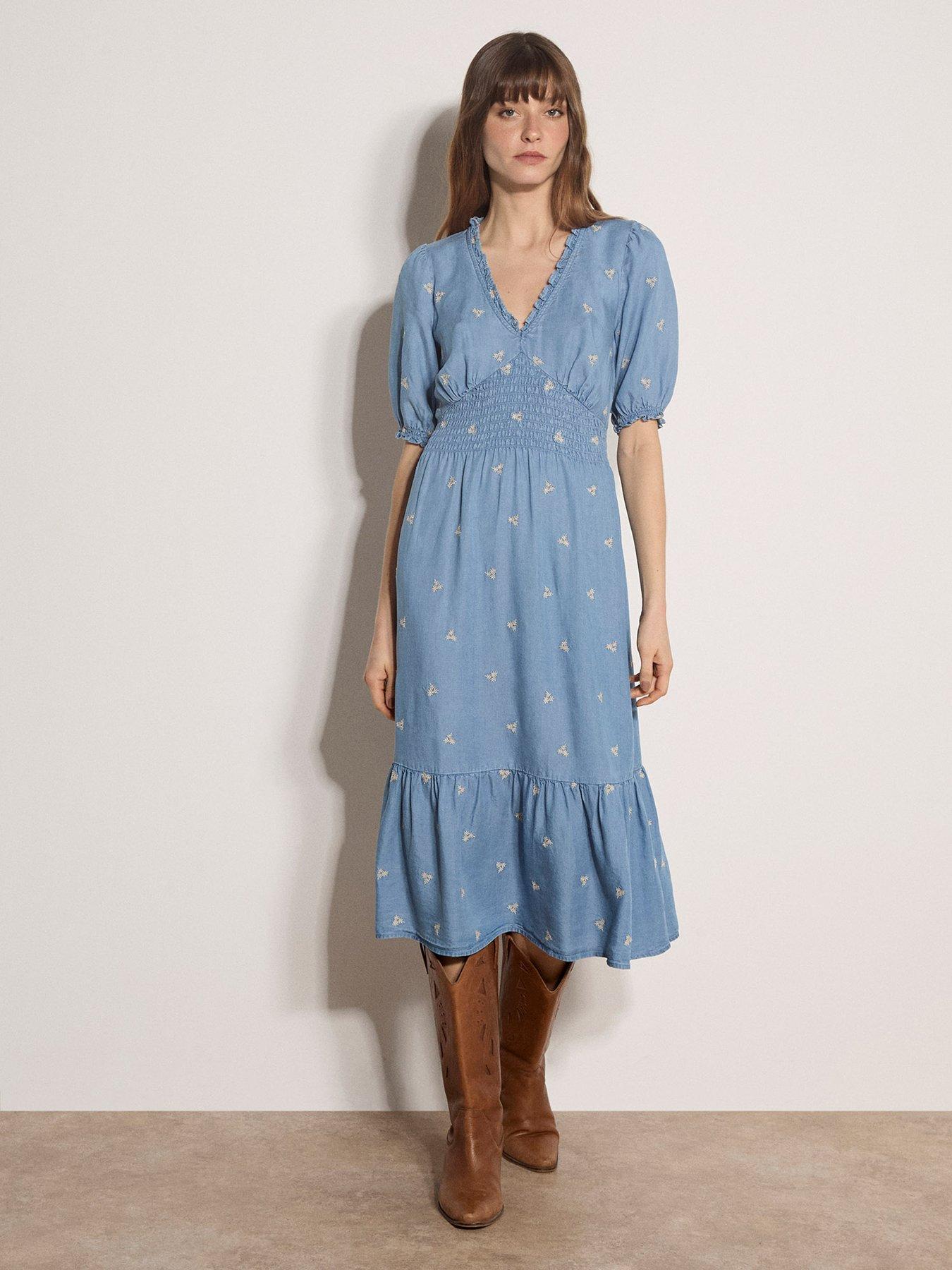 Apricot Ditsy Embroidered Tea Dress - Blue