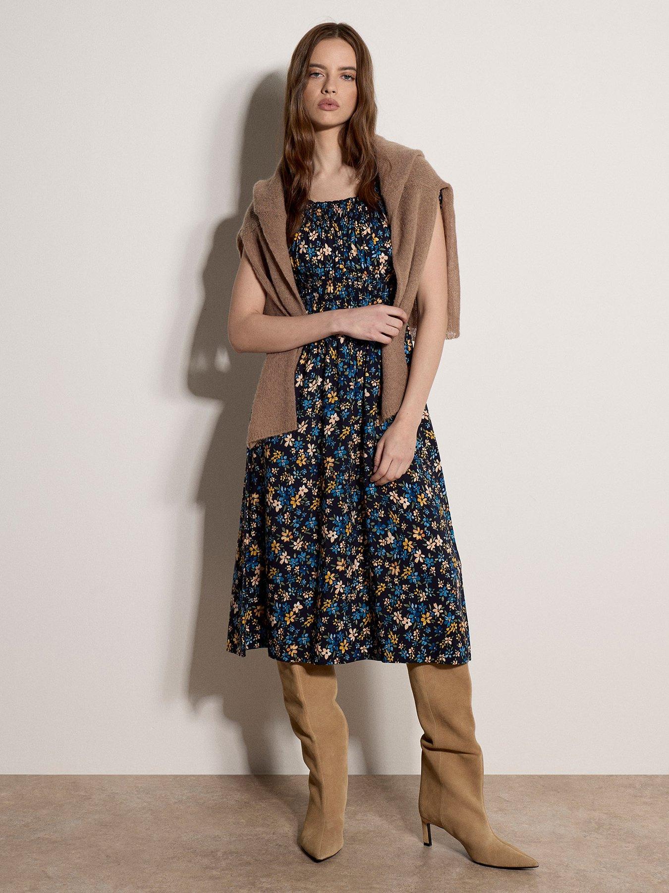Apricot Ditsy Floral Milkmaid Midi Dress - Blue
