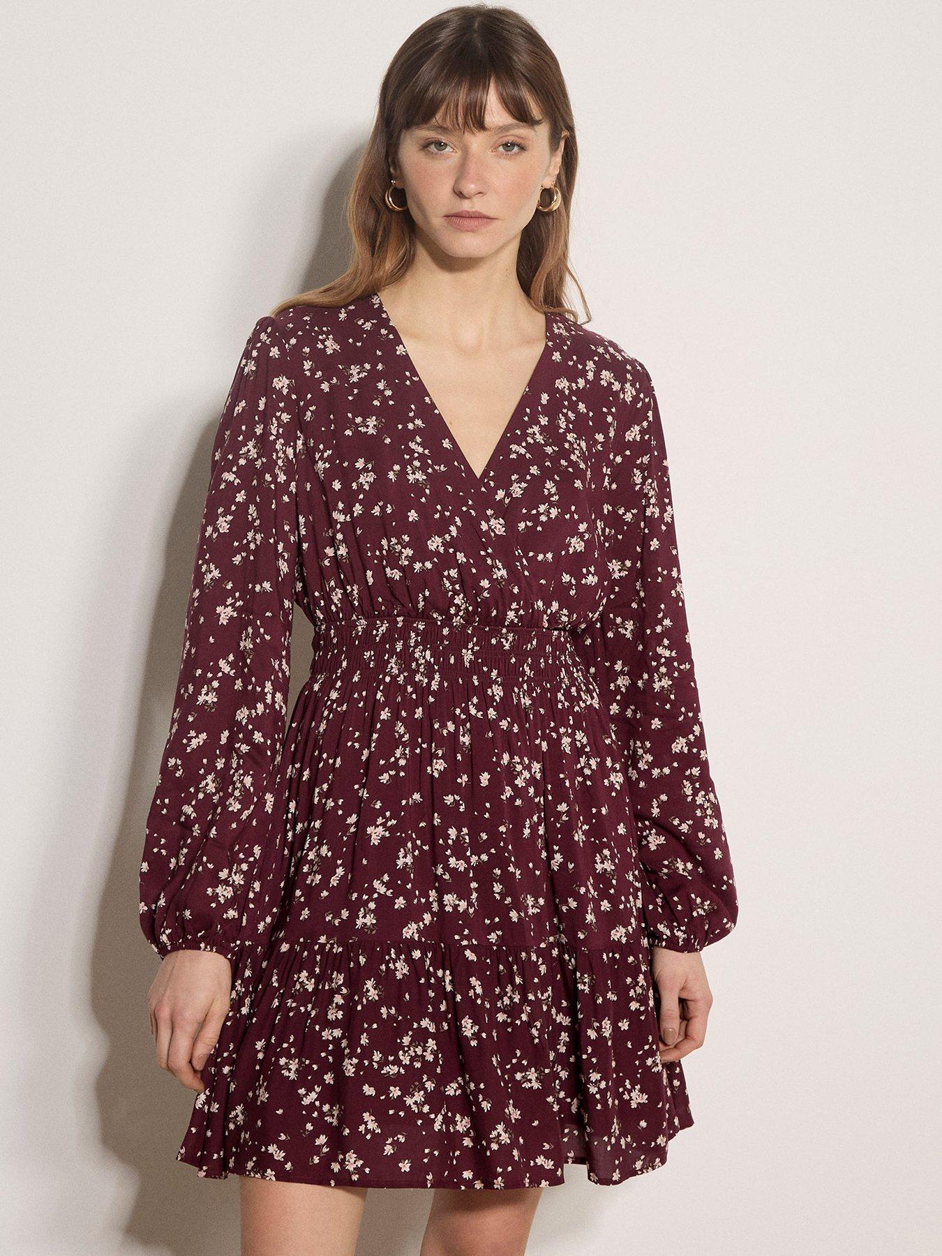 Apricot Daisy Print Wrap Front Tiered Mini Dress - Red