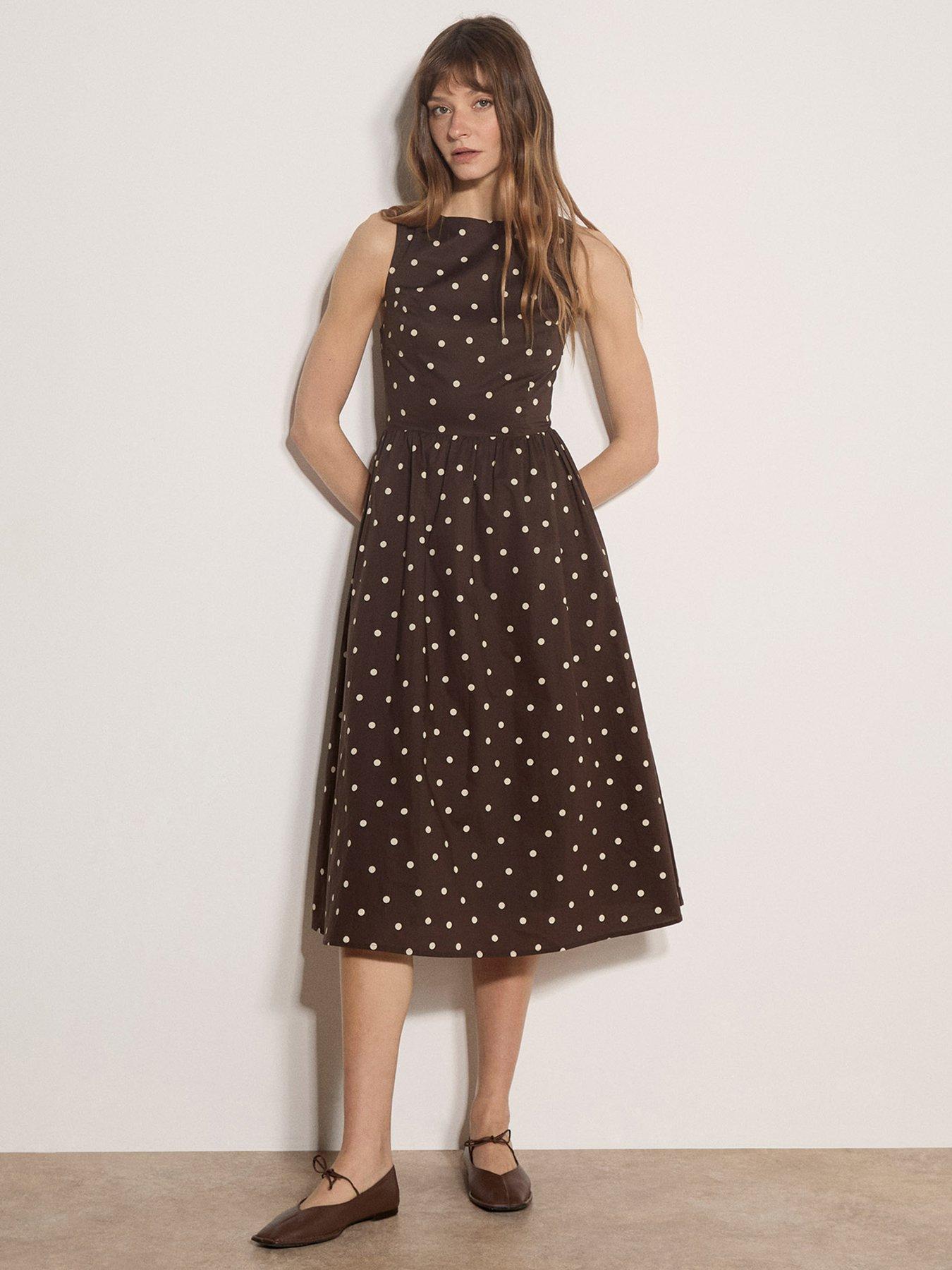 Apricot Polka Dot Fit and Flare Midi Dress - Brown