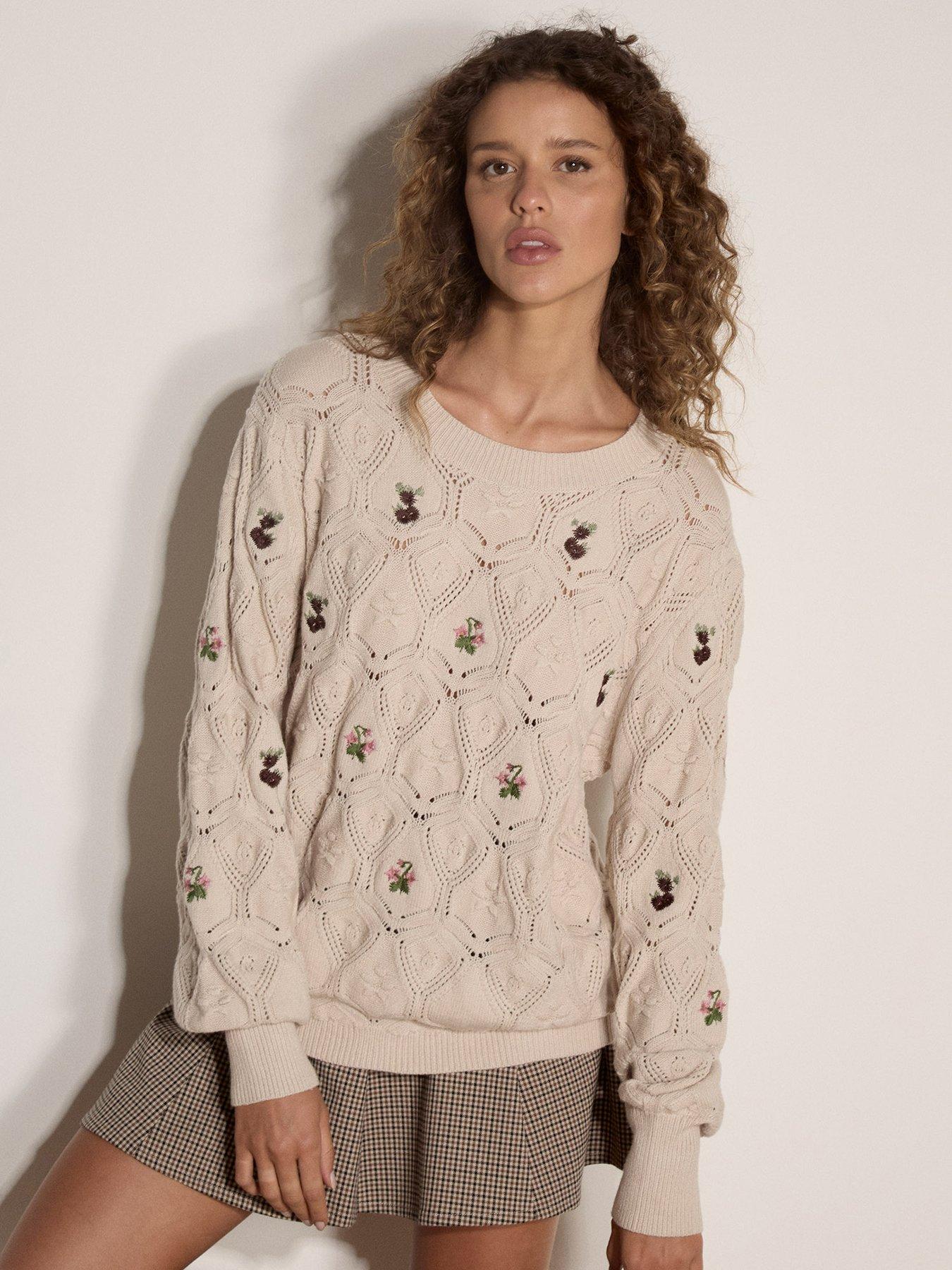 Image 1 of 4 of Apricot Embroidered Floral Pointelle Knit Jumper - Beige