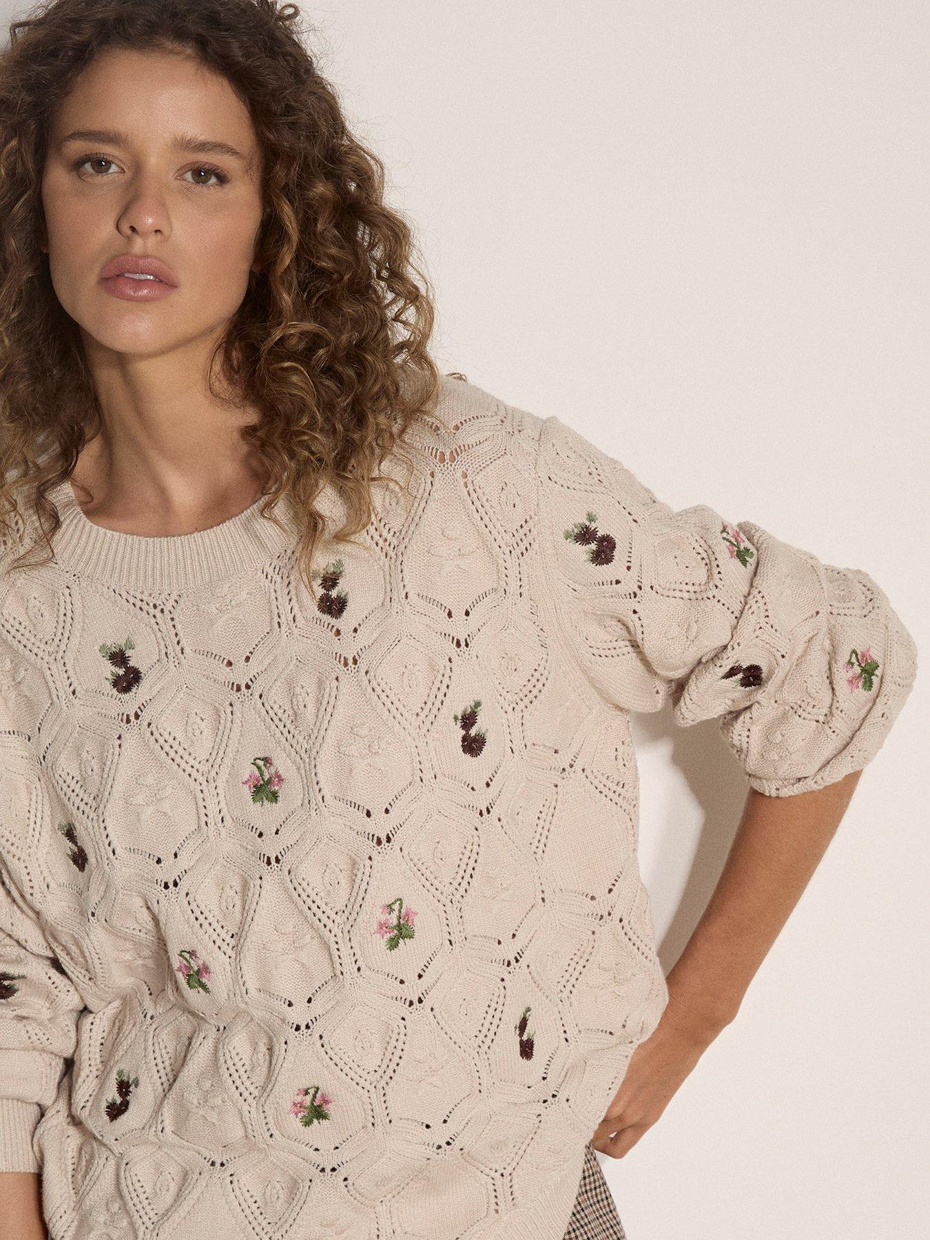 Image 4 of 4 of Apricot Embroidered Floral Pointelle Knit Jumper - Beige