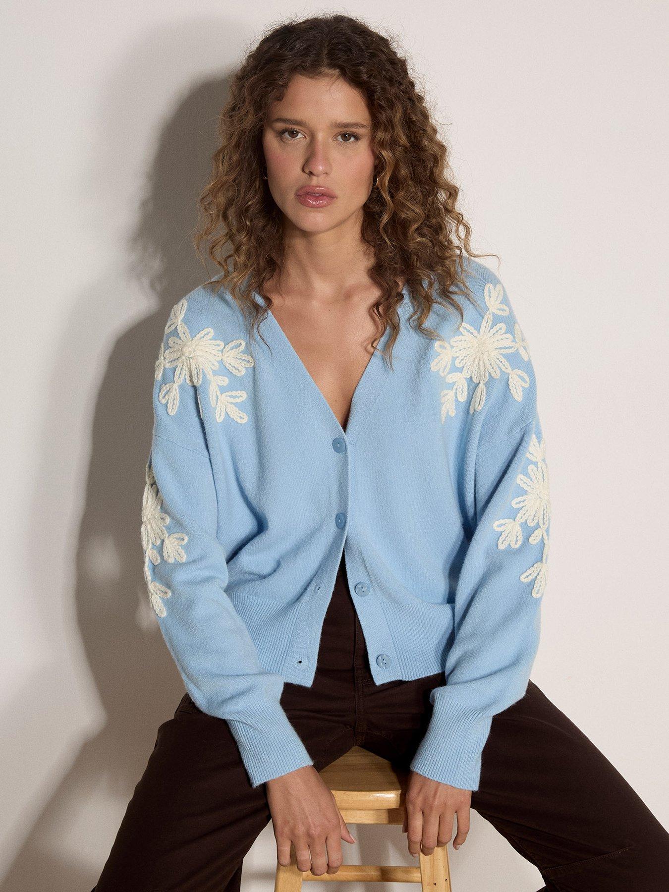 Apricot Embroidered Flower Fine Knit Cardigan - Blue