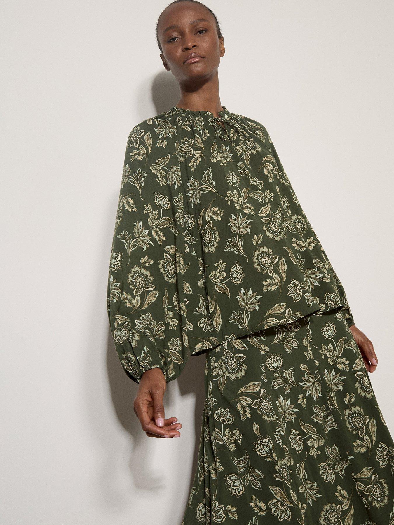Apricot Painterly Print Sarasa Ruffle Neck Blouse - Green