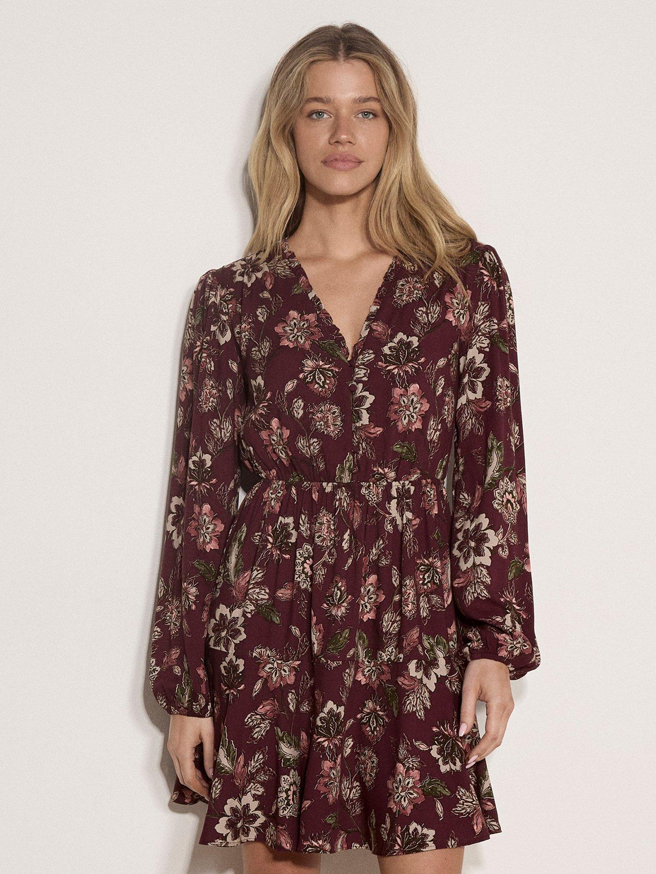 Apricot Painterly Ruffle Neck Mini Dress - Red