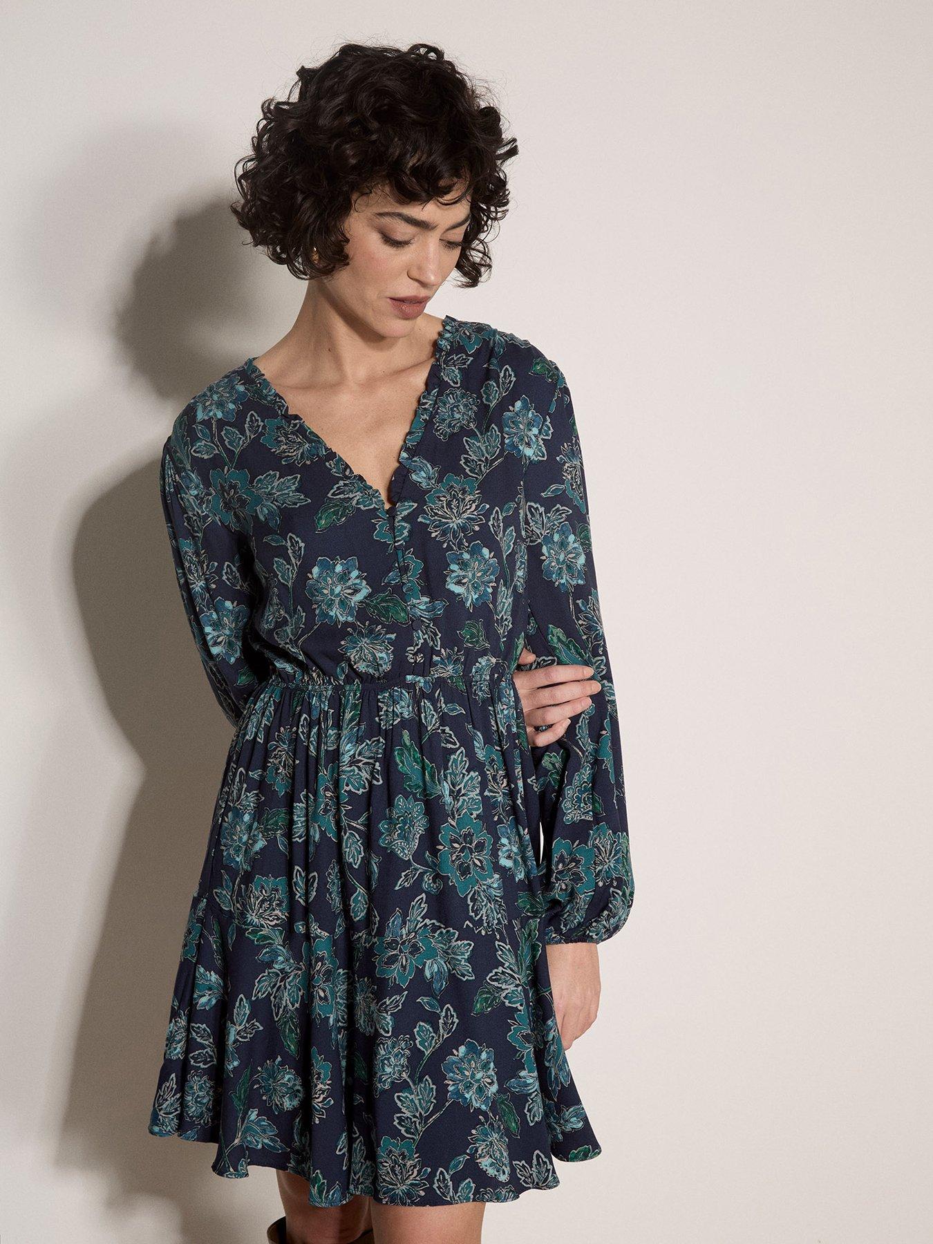 Apricot Painterly Floral Ruffle Neck Mini Dress - Navy