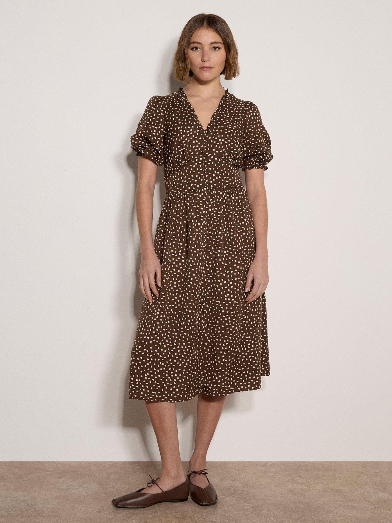 Apricot Mini Dot Button Through Midi Dress - Brown