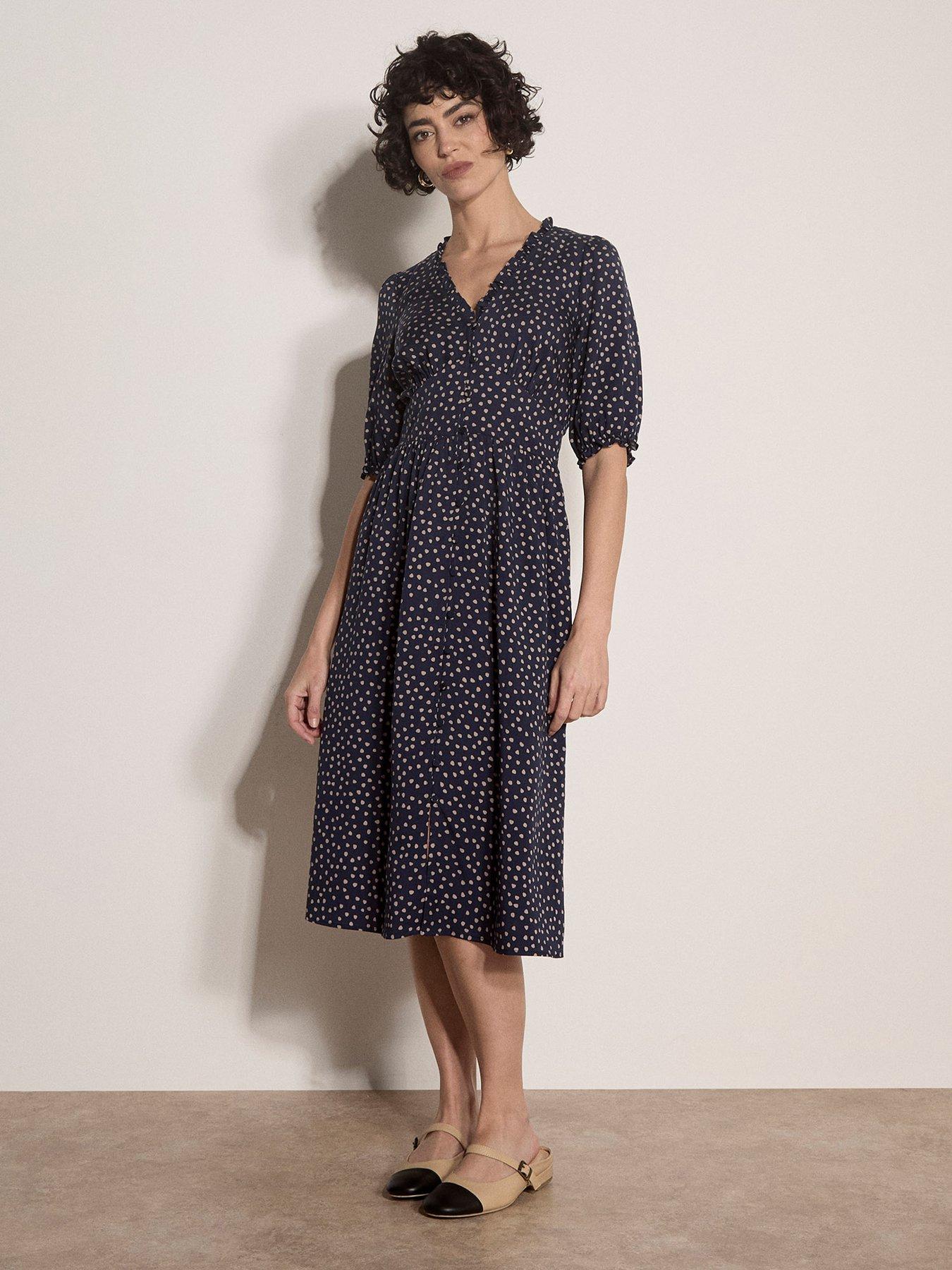 Apricot Mini Dot Button Through Midi Dress - Navy