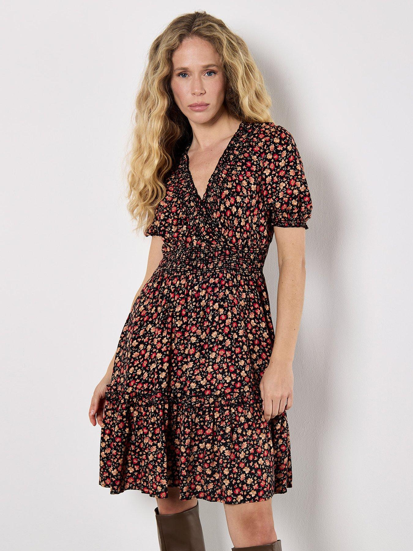 Apricot Floral Ditsy Smock Mini Dress - Orange