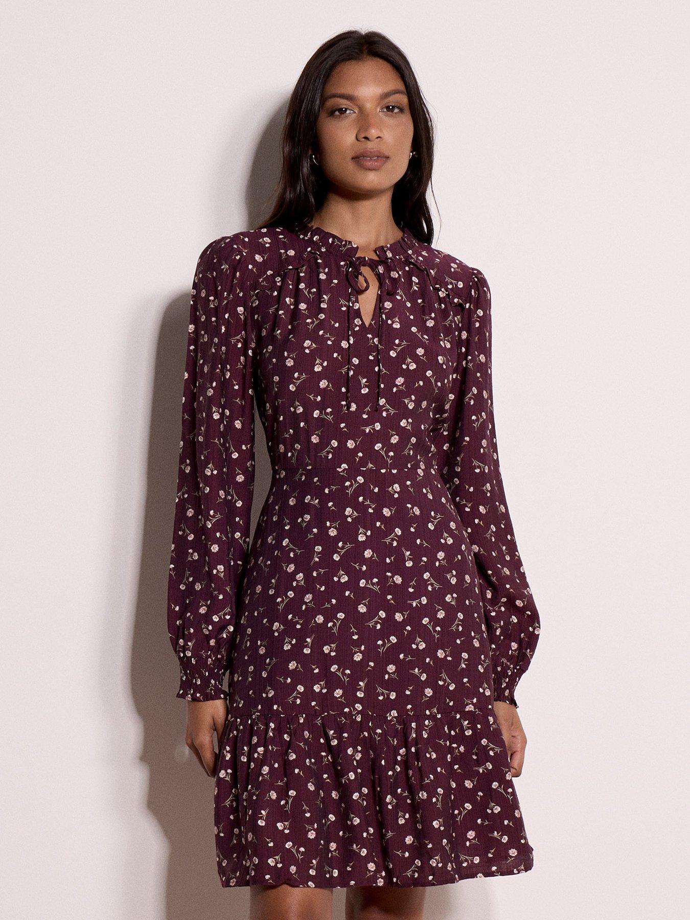 Apricot Fresh Daisy Floral Long Sleeve Mini Dress - Red