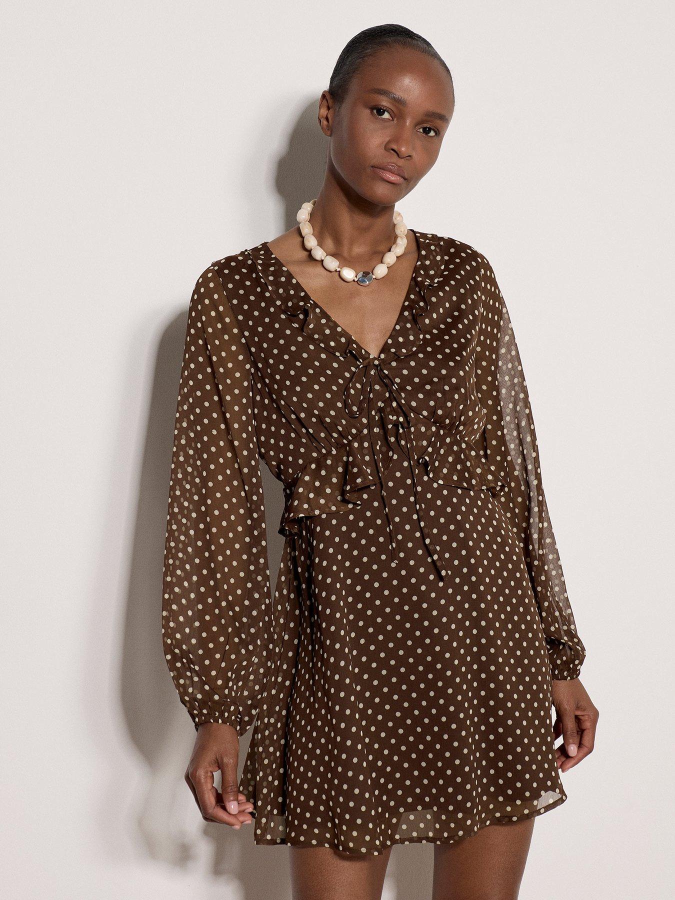 Apricot Polka Dot Ruffle Detail Chiffon Mini Dress - Brown