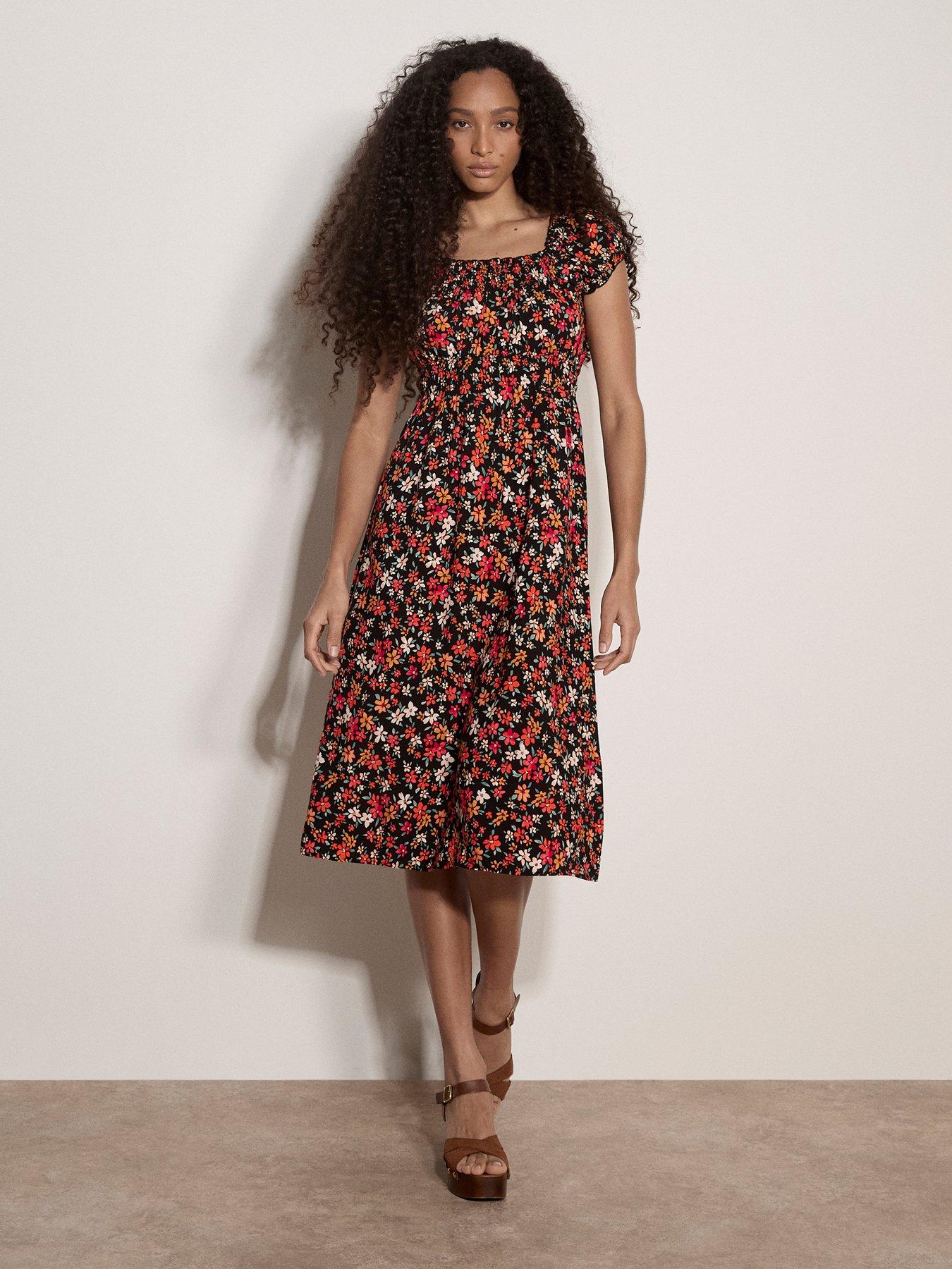 Apricot Milkmaid Ditsy Floral Midi Dress - Black