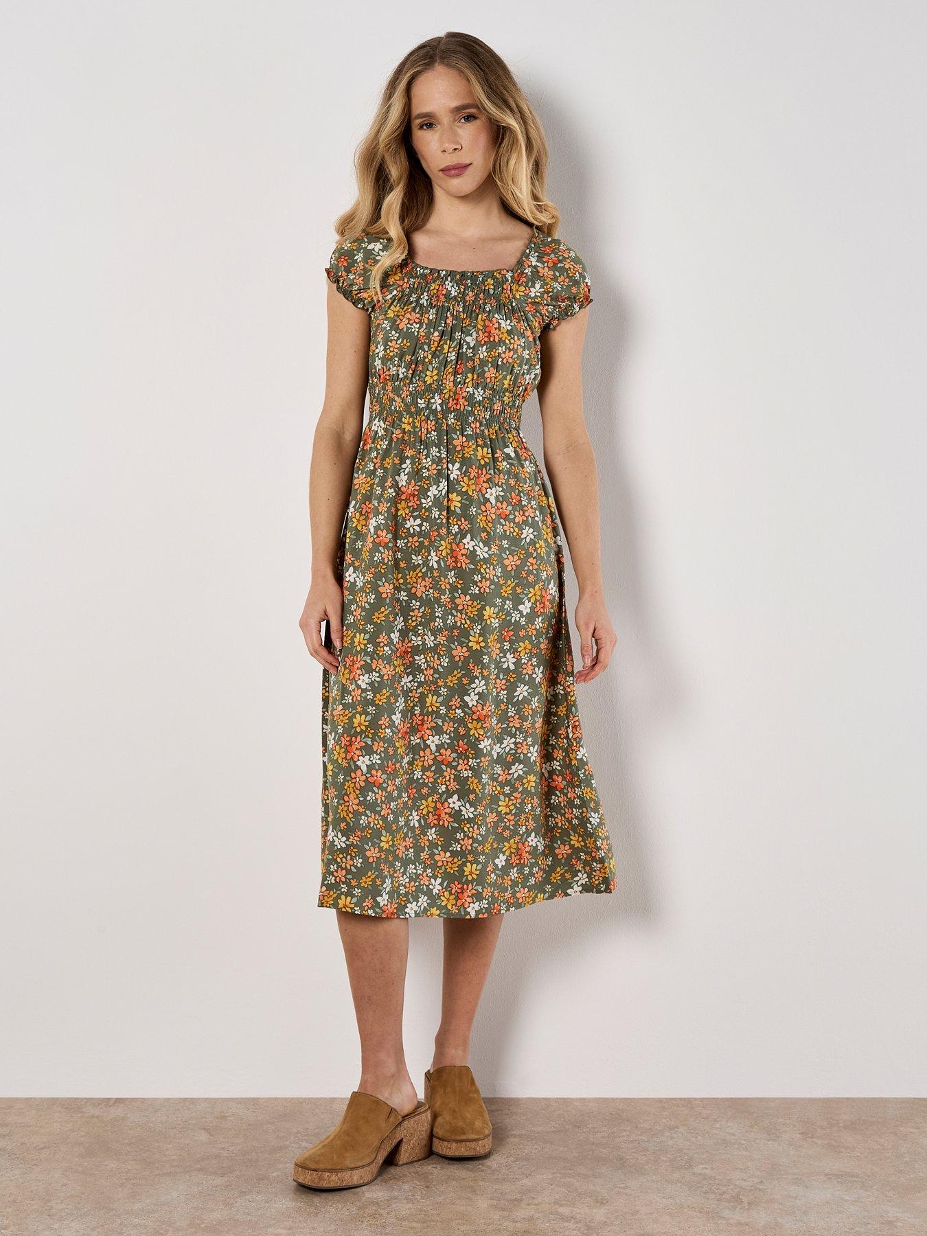 Apricot Milkmaid Ditsy Floral Midi Dress - Green