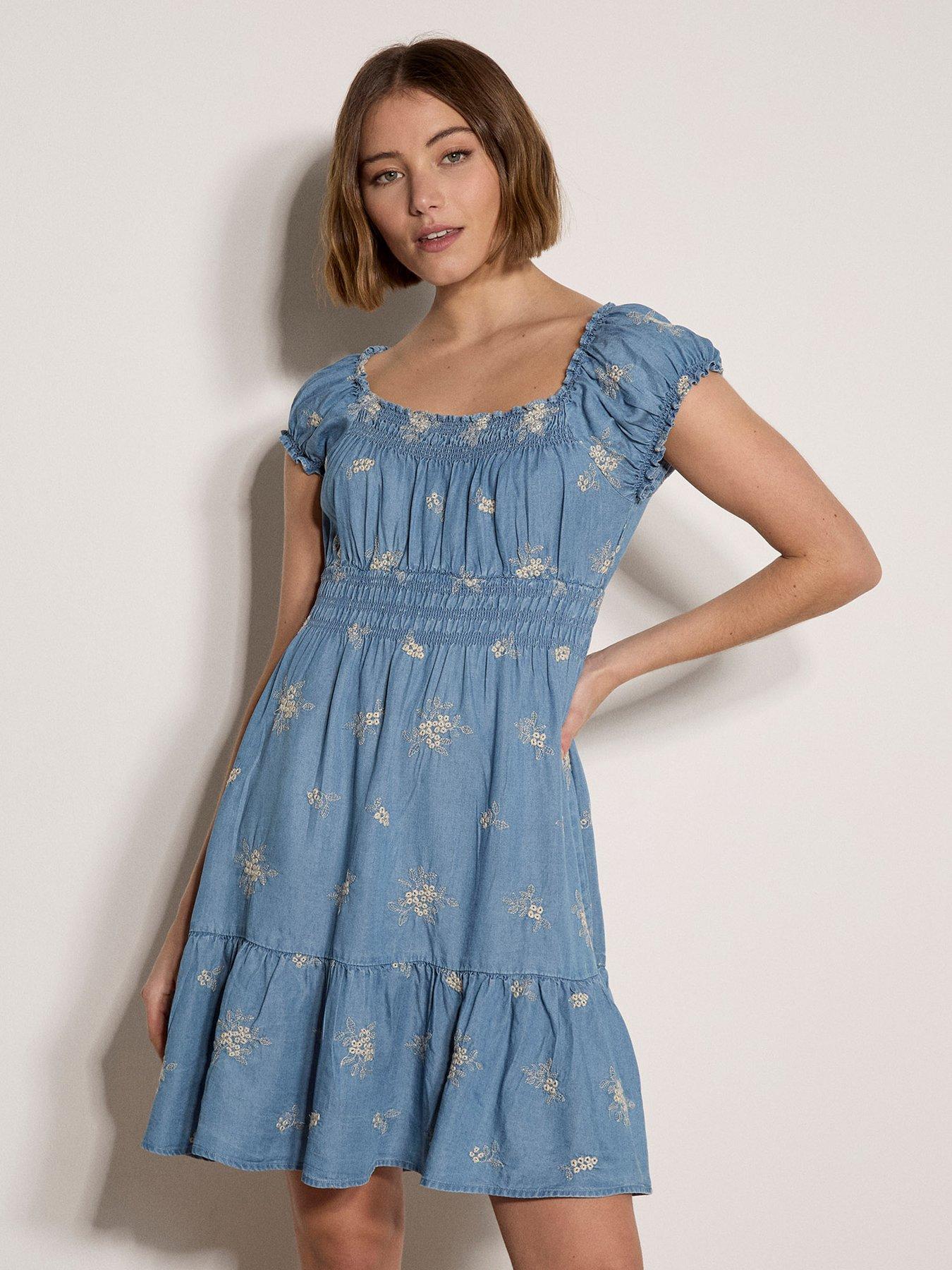 Apricot Floral Embroidered Milkmaid Mini Dress - Blue