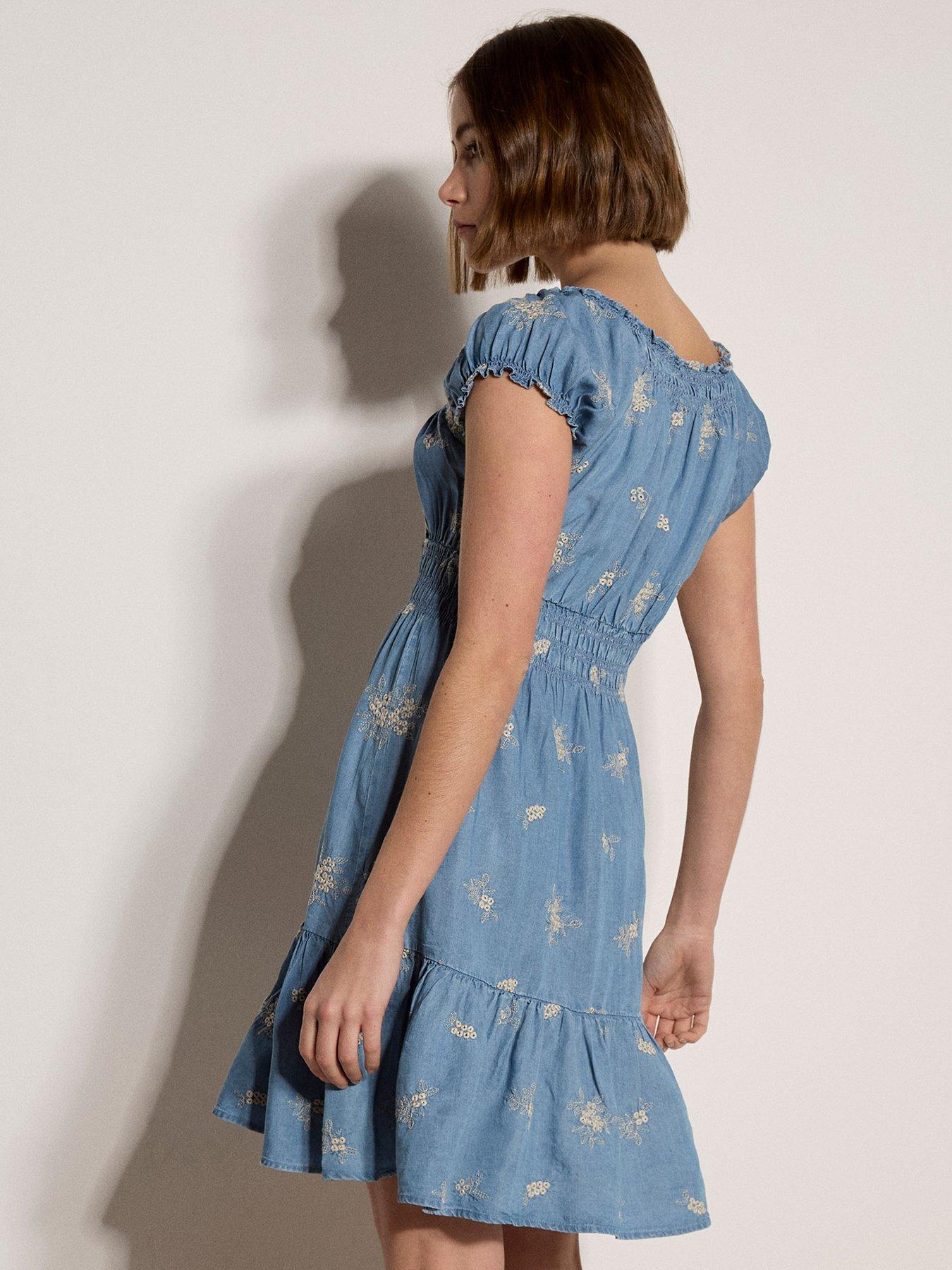 Image 2 of 4 of Apricot Floral Embroidered Milkmaid Mini Dress - Blue