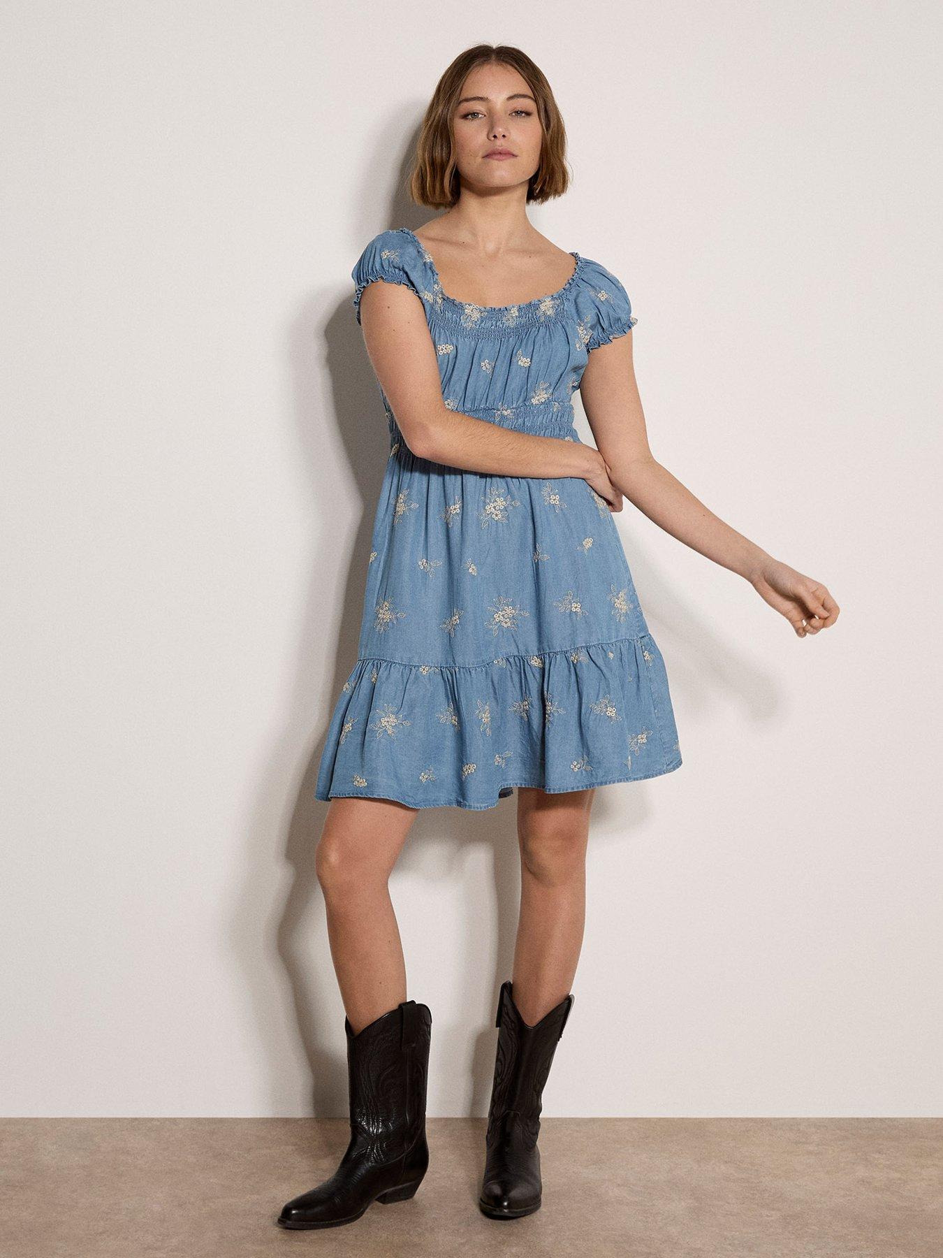 Image 3 of 4 of Apricot Floral Embroidered Milkmaid Mini Dress - Blue