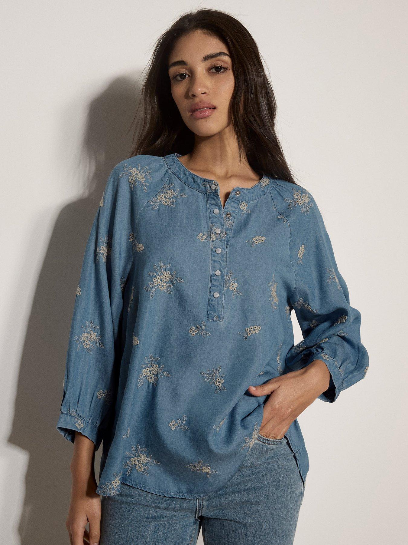 Apricot Embroidered Button Neck Blouse - Blue