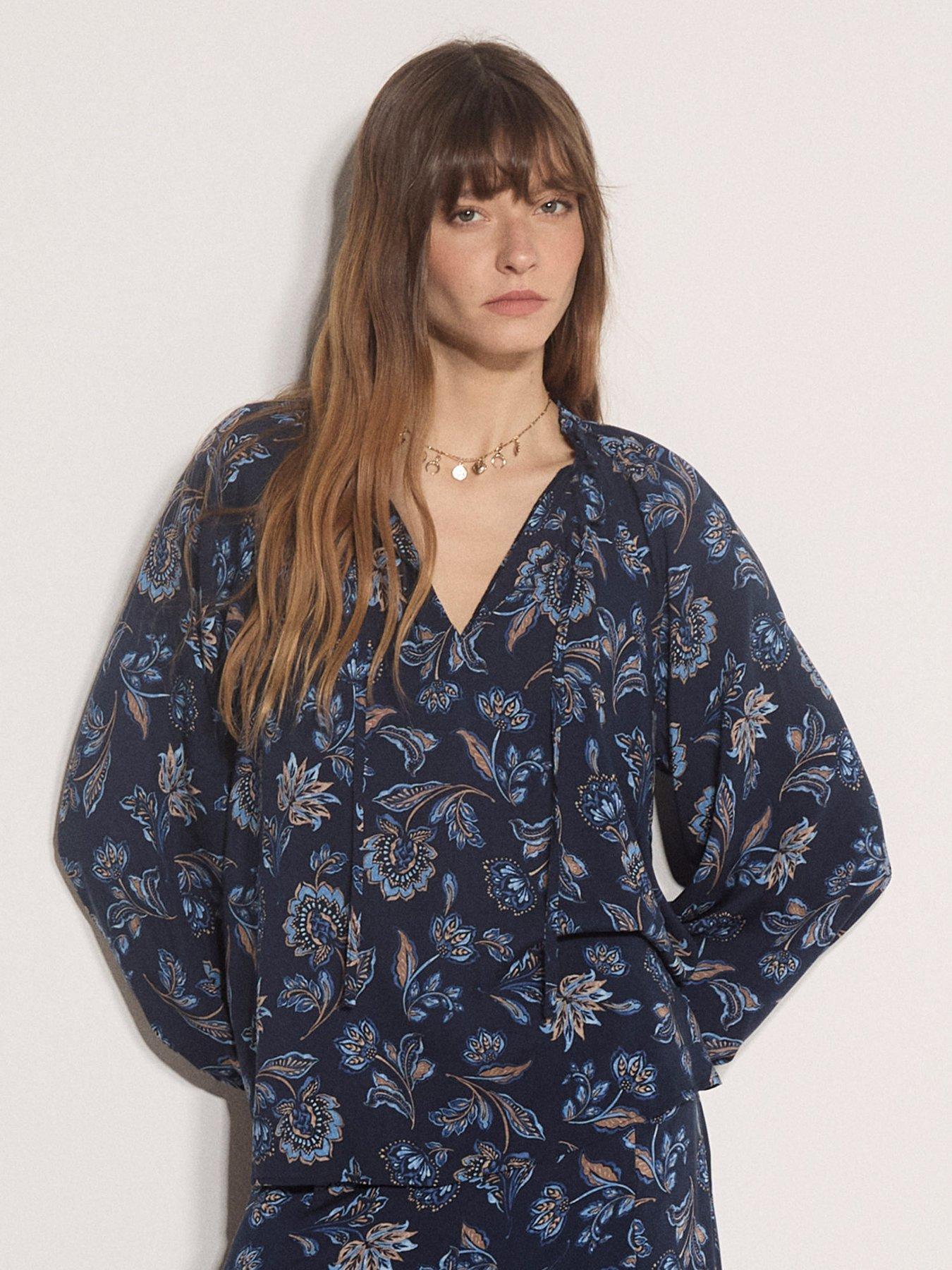 Apricot Painterly Sarasa Ruffle Blouse - Navy