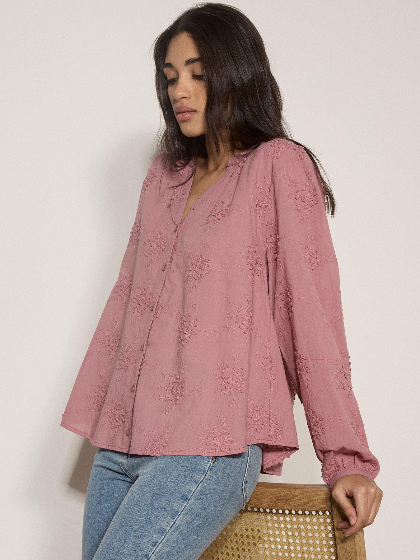 Apricot 3D Floral Embroidered V-Neck Shirt - Pink