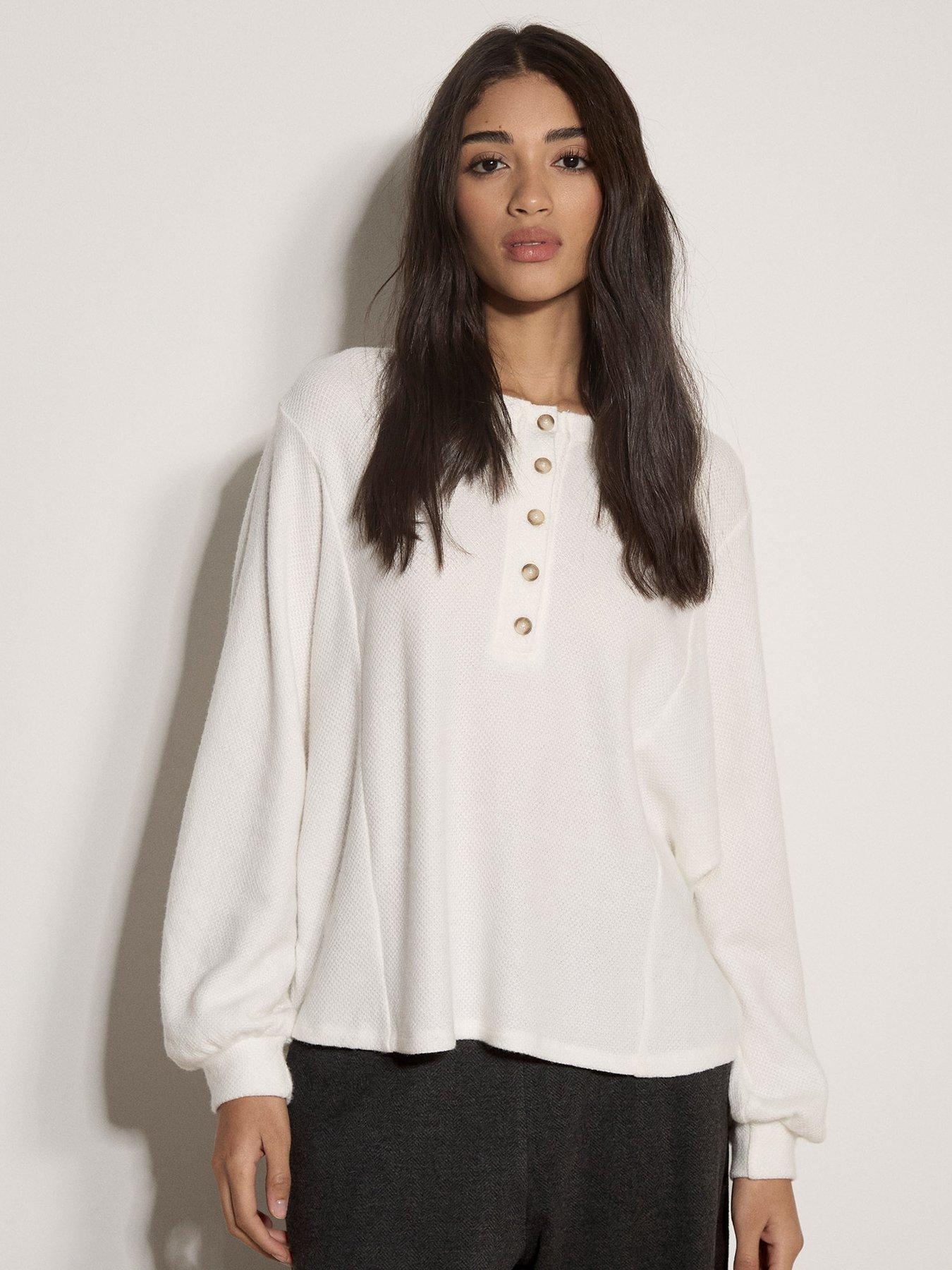 Apricot Soft Button Front Blouson Sleeve Top - Cream