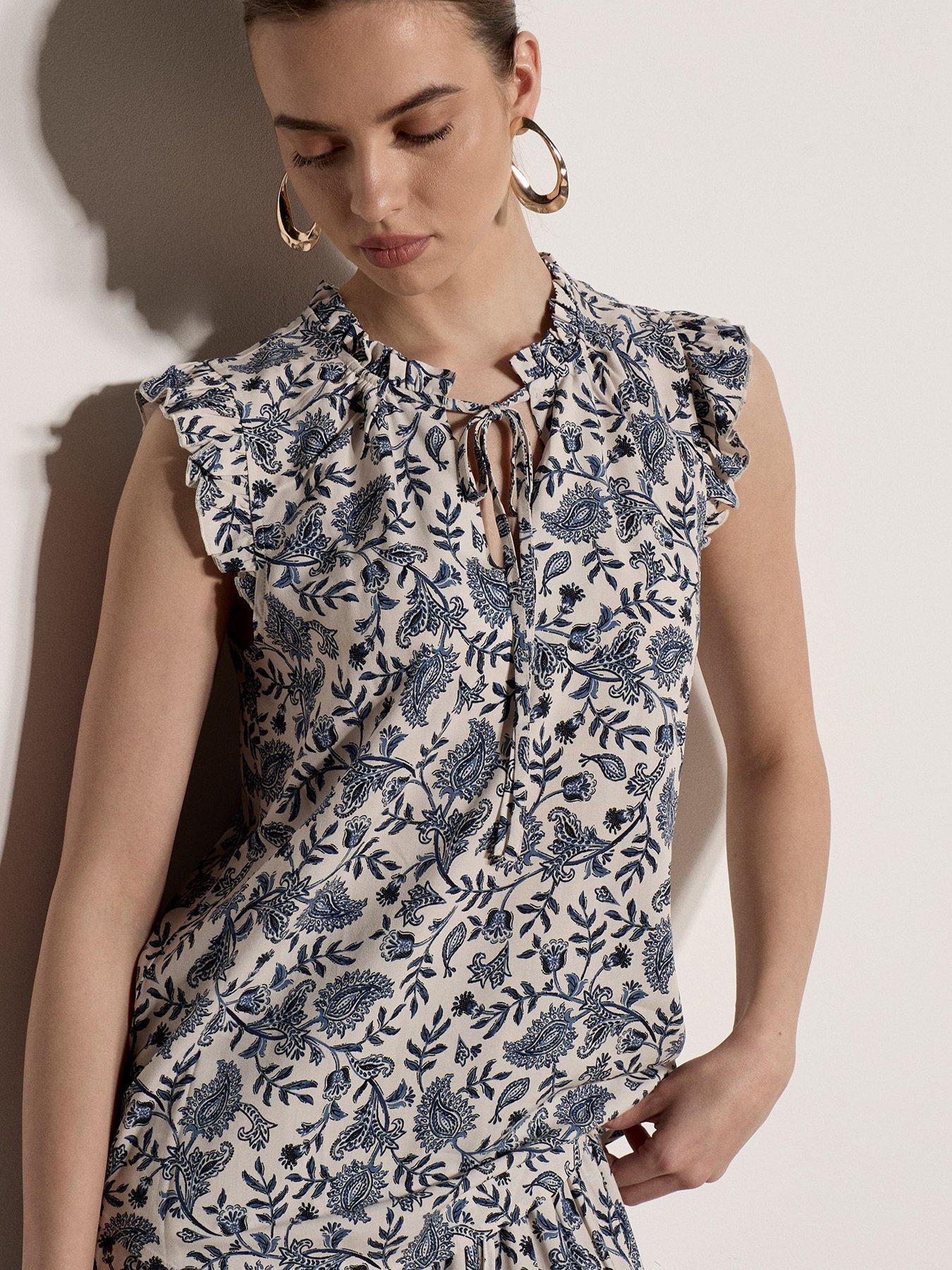 Apricot Painterly Paisley Vines Tie Neck Top - Cream