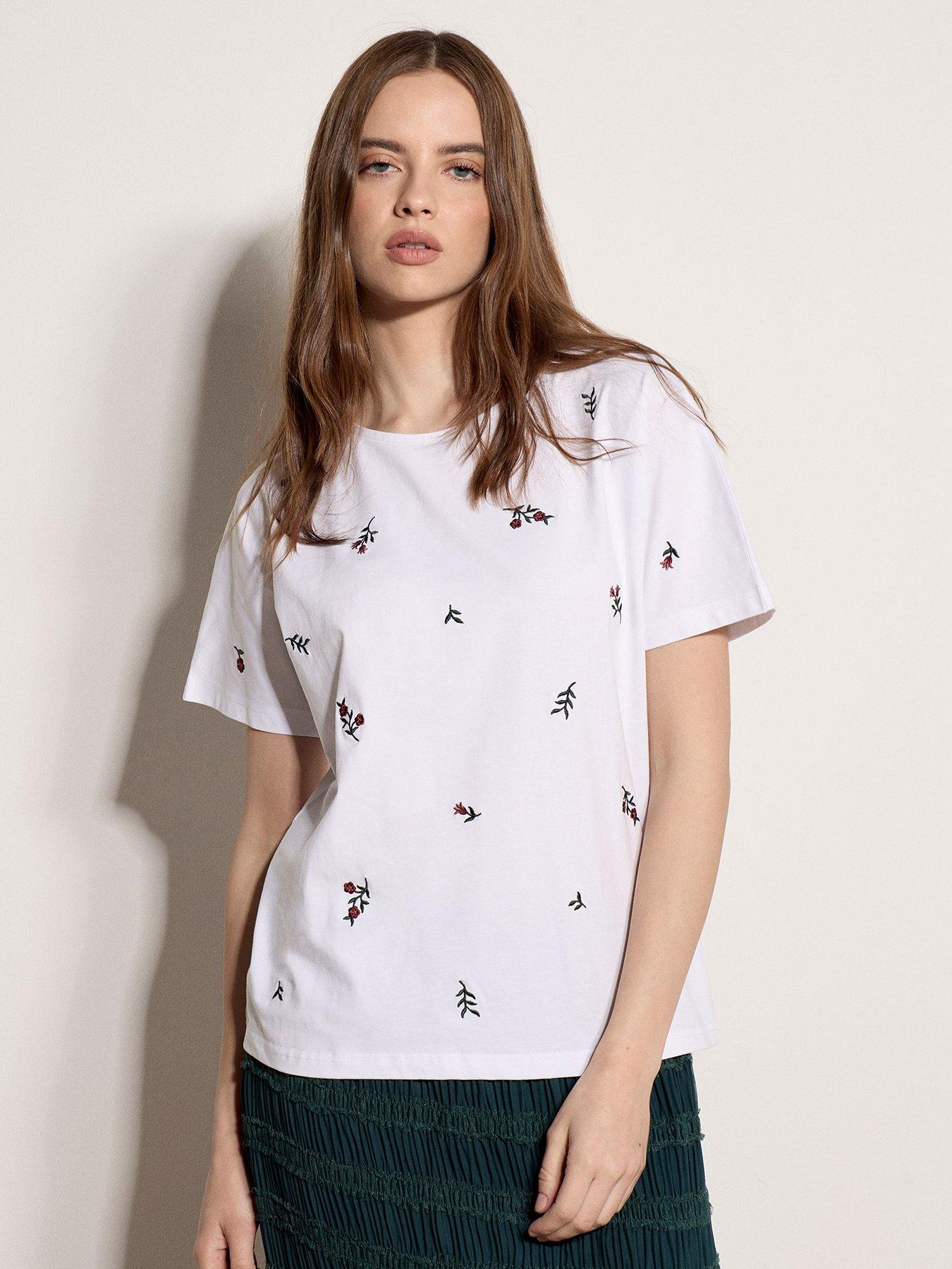 Apricot Floral  &  Leaf Embroidered Short Sleeve T-Shirt - White