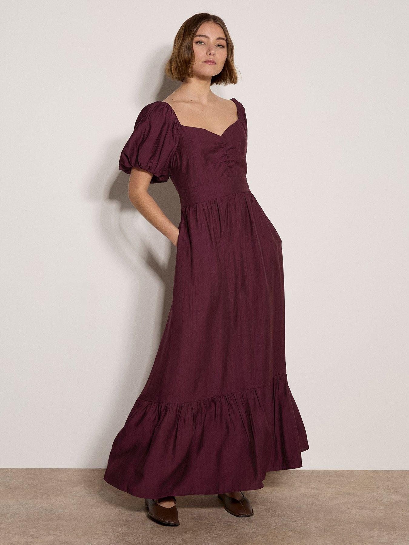 Apricot Bubble Sleeve Milkmaid Maxi Dress - Red