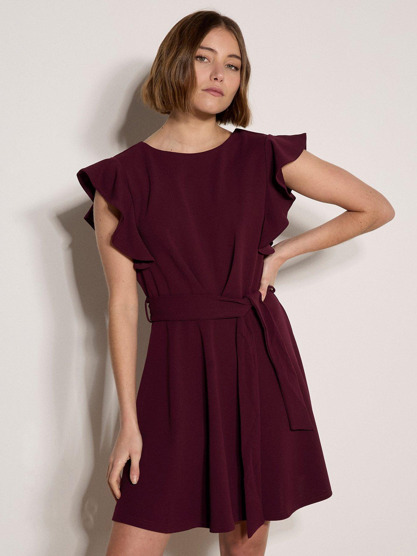 Apricot Ruffle Sleeve Fit and Flare Mini Dress - Red