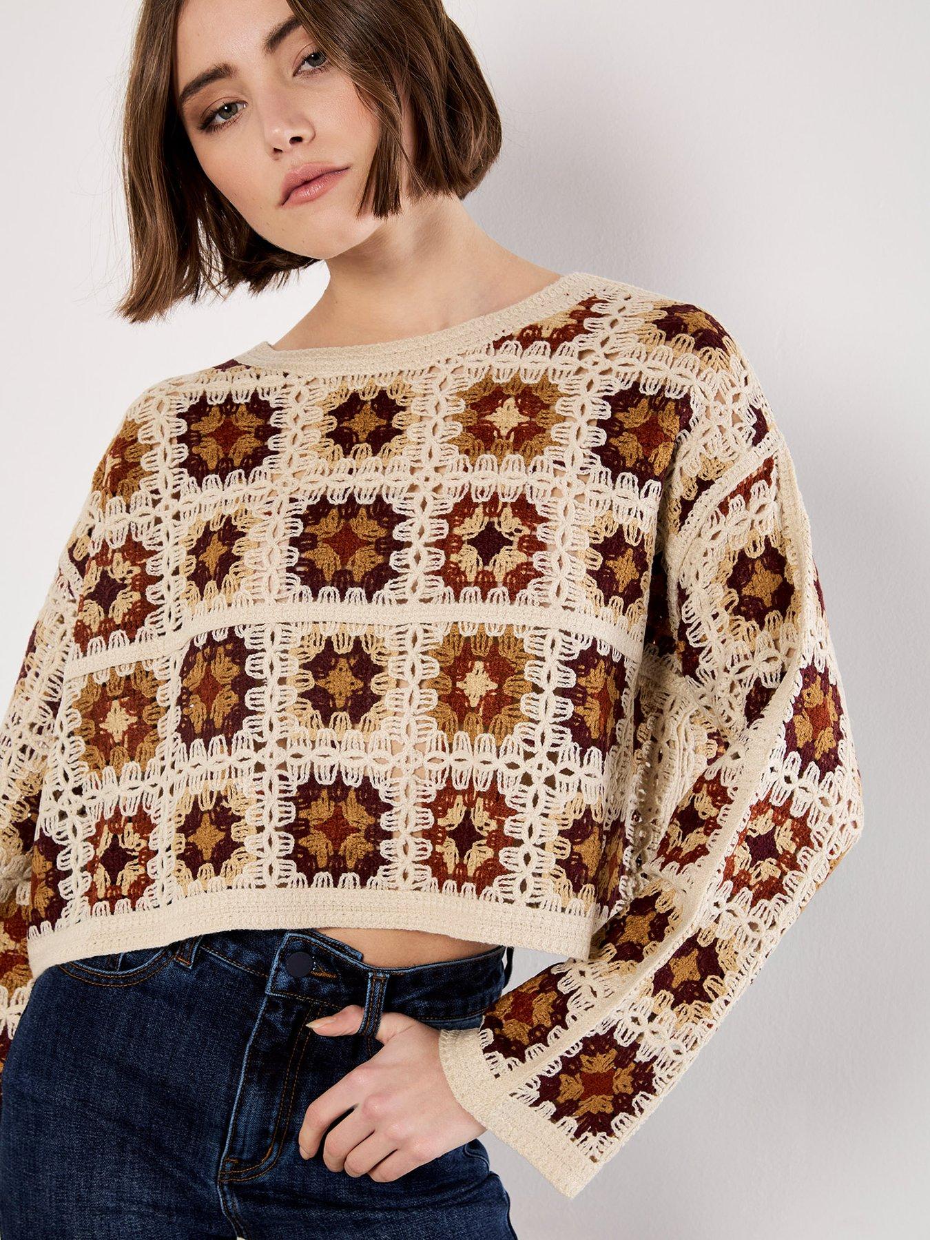 Apricot Crochet Square Boxy Knit Jumper - Beige