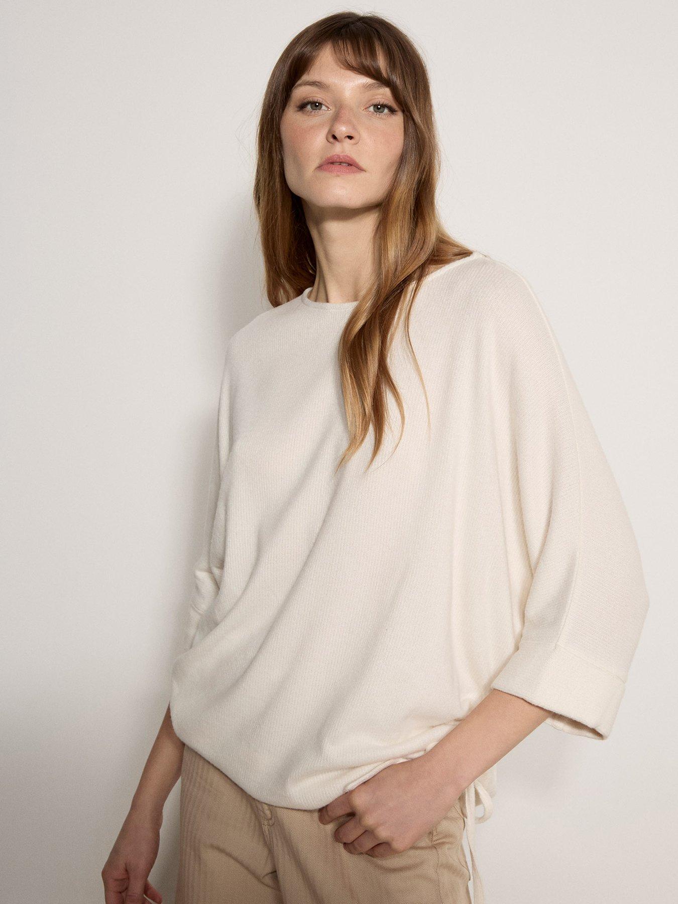 Apricot Bat Sleeve Drawstring Hem Top - Cream