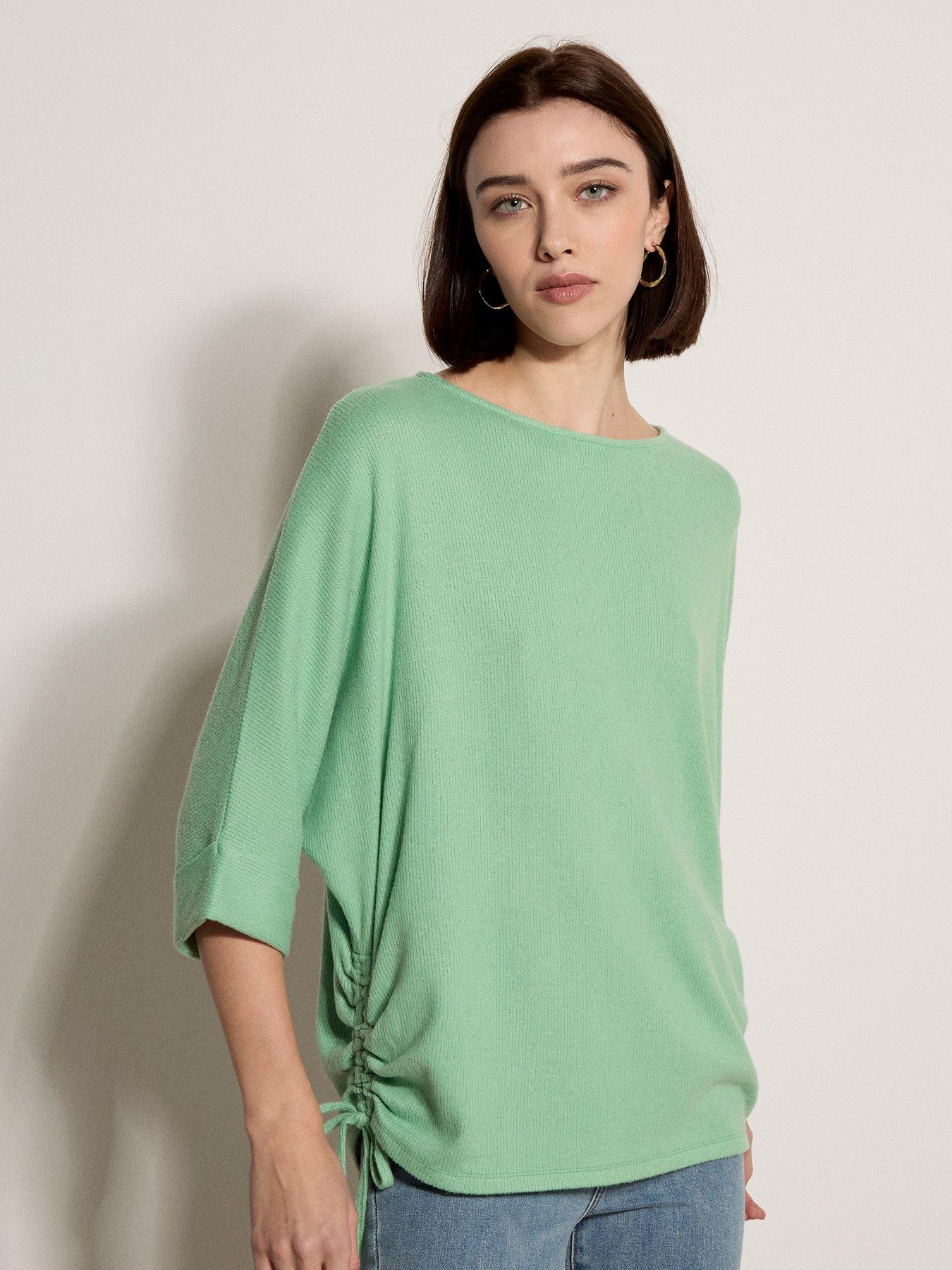 Apricot Bat Sleeve Drawstring Hem Top - Green