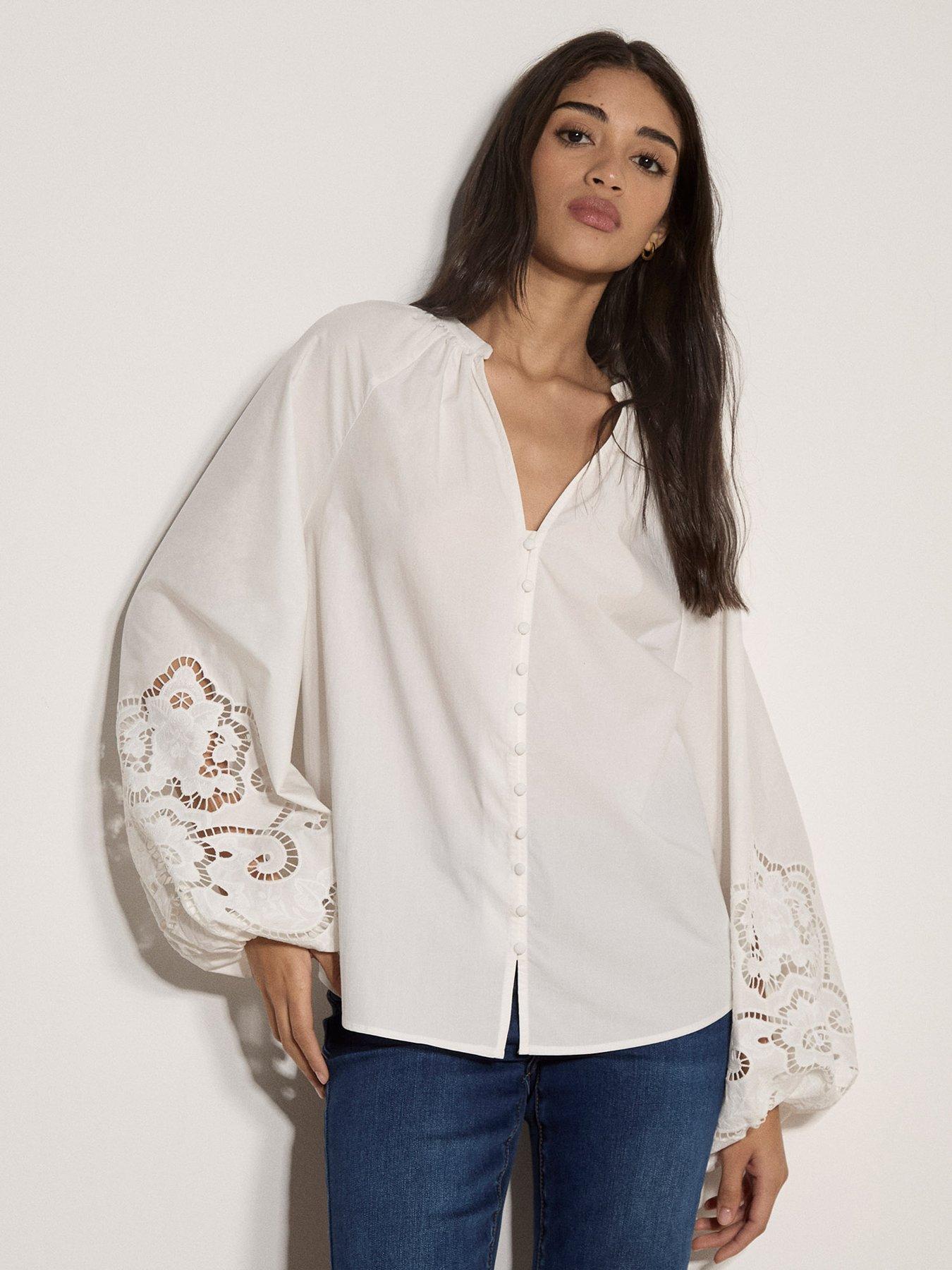 Apricot Embroidered Sleeve Button Front Blouse - White