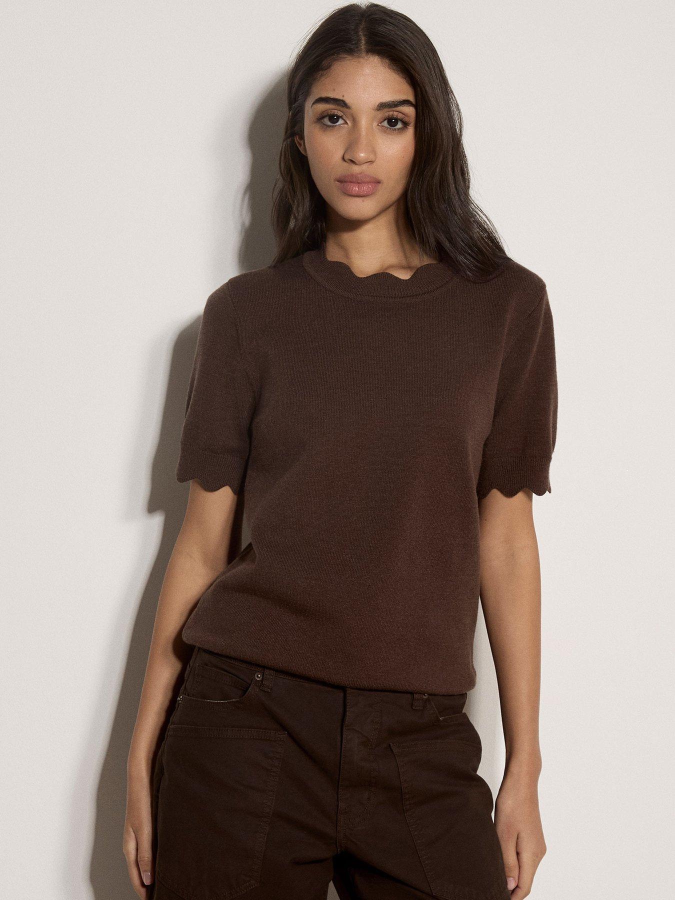 Apricot Scallop Neck Short Sleeve Knit Top - Brown