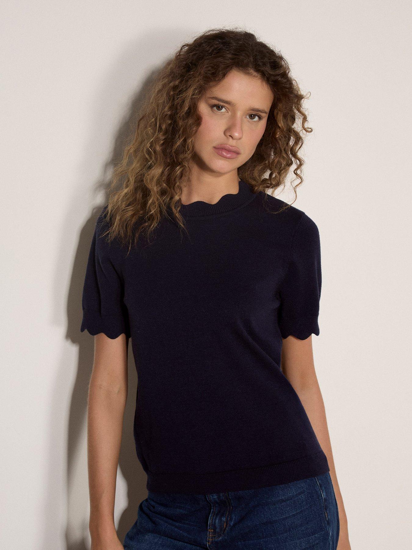 Apricot Scallop Neck Short Sleeve Knit Top - Navy