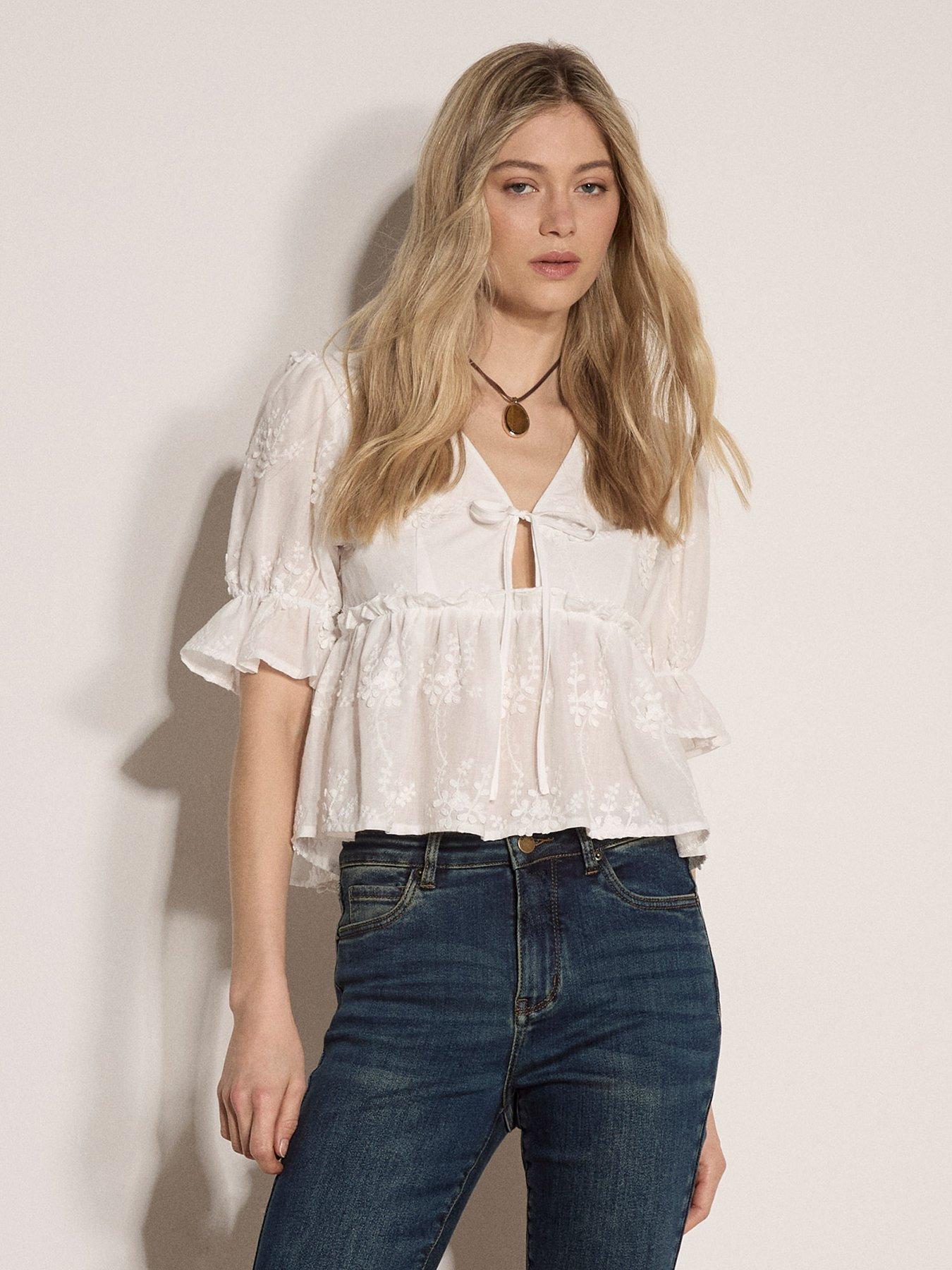 Apricot 3D Embroidered Tie Front Peplum Top - White