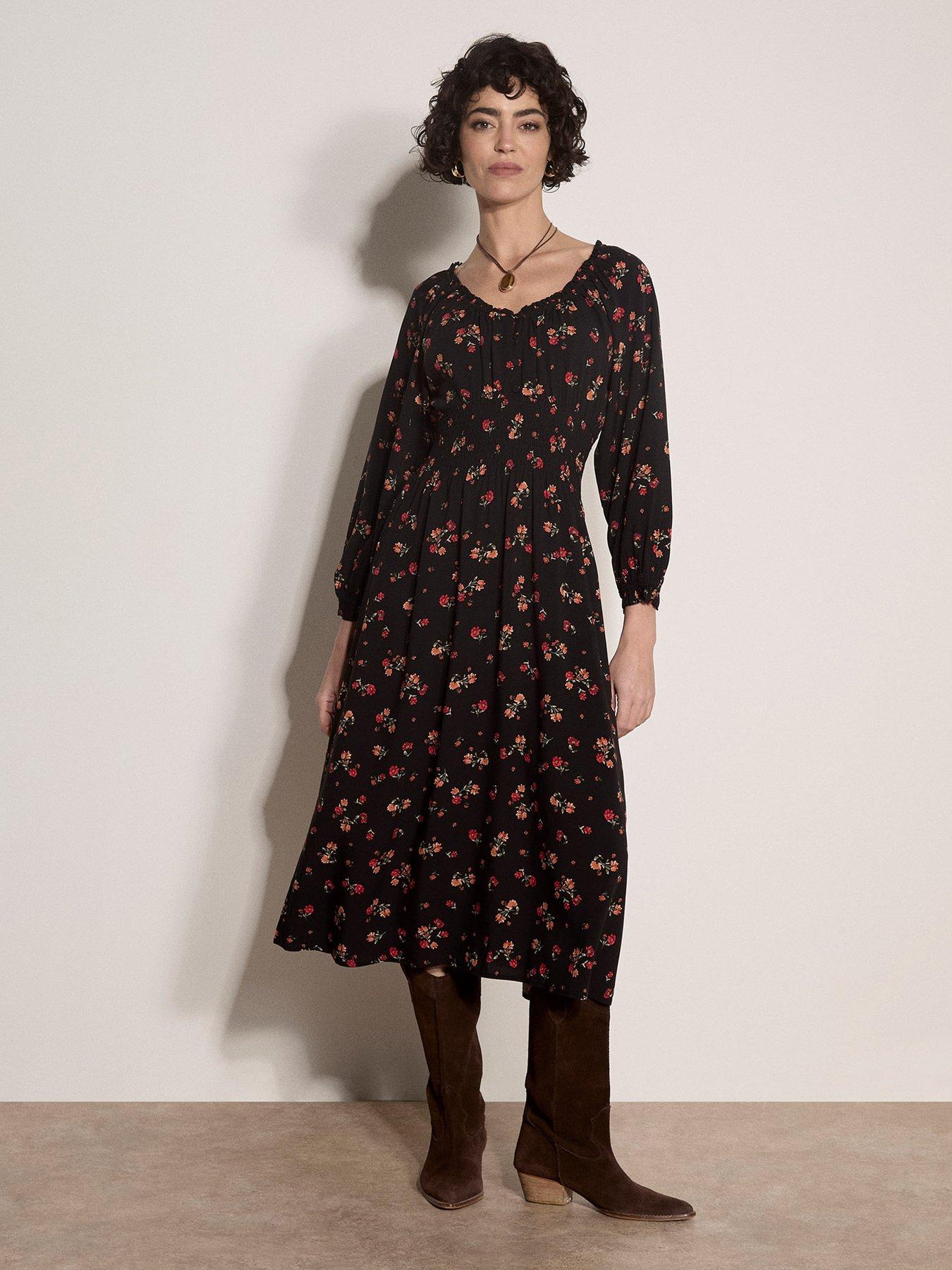 Apricot Watercolour Ditsy Floral Smock Neck Midi Dress - Black
