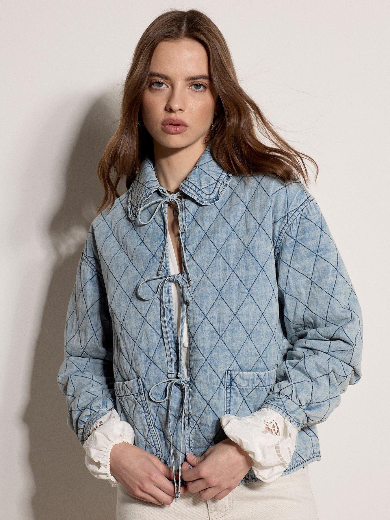 Apricot Quilted Denim Look Tie Front Jacket - Blue