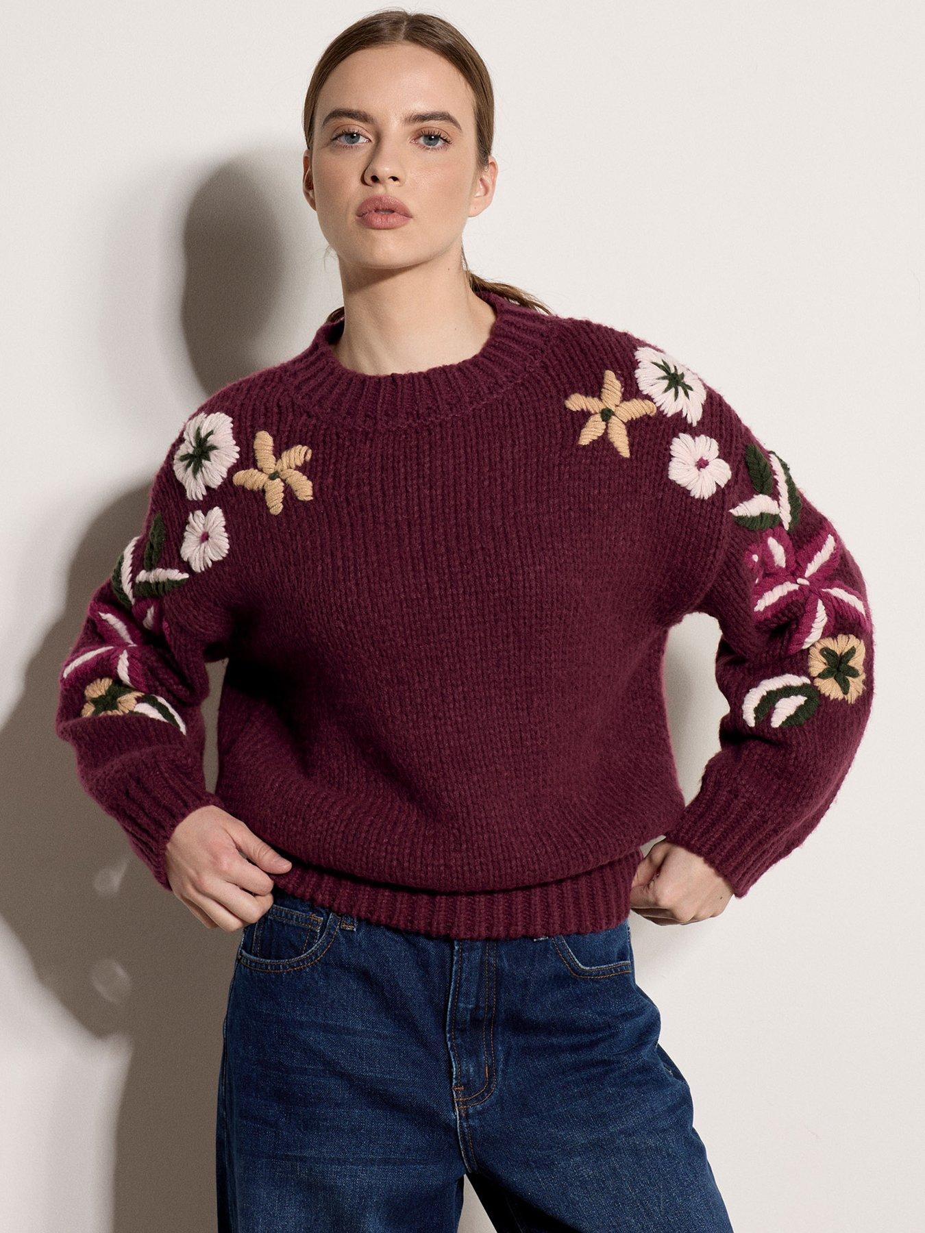 Image 1 of 4 of Apricot Embroidered Floral Sleeve Jumper - Red