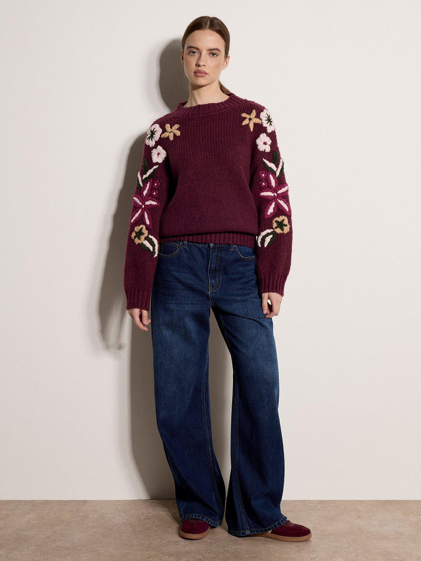Image 3 of 4 of Apricot Embroidered Floral Sleeve Jumper - Red