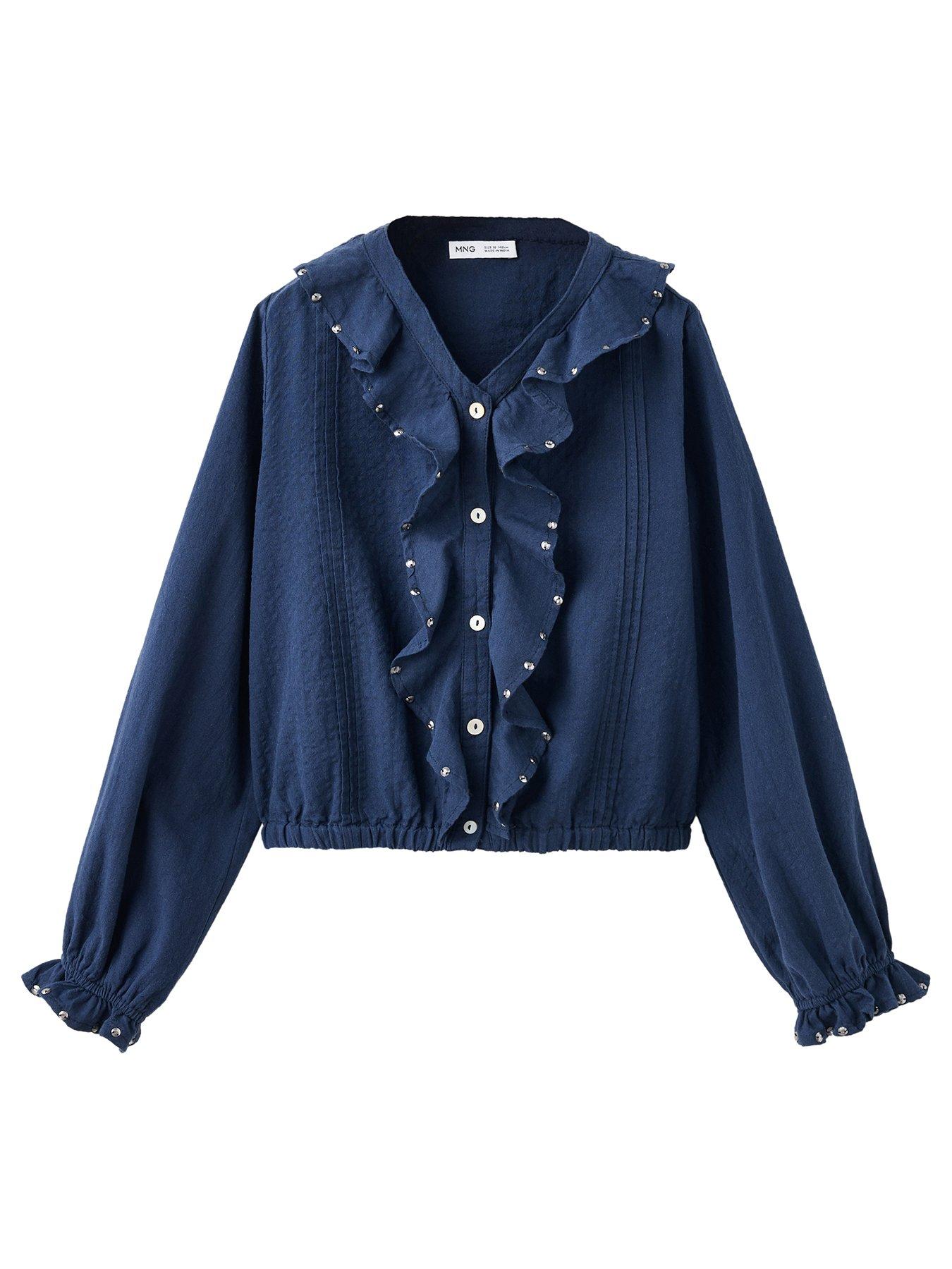 Mango Girls Studded Frill Long Sleeve Co-Ord Blouse - Navy